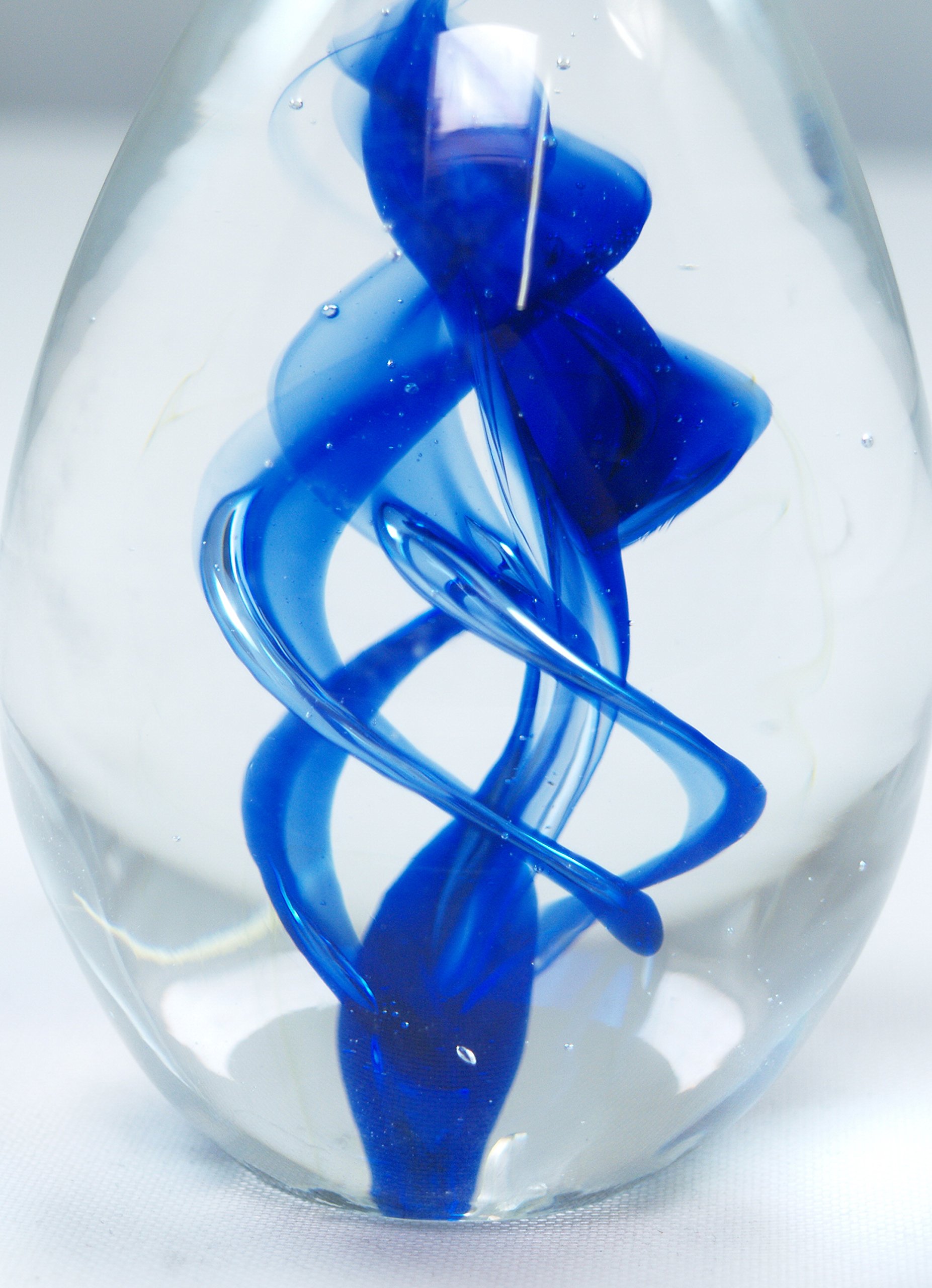 Abstract Blue Spiral Stairway Floating in Clear Egg Paperweight - Handcrafted Glass Art Decor for Office Desk, Home Display & Gift Giving