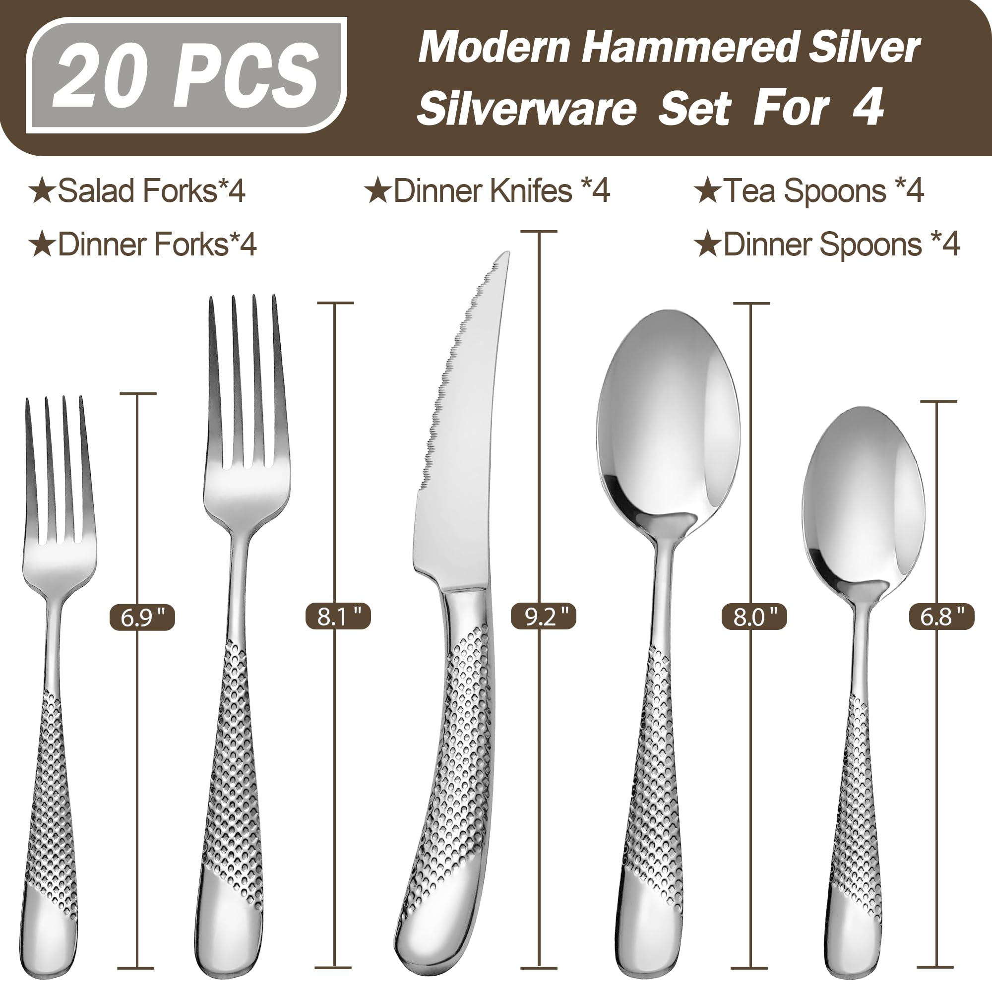 20-Piece Hammered Silver Silverware Set - 18/10 Stainless Steel Flatware Set for 4 - Modern Cutlery Set with Forks, Spoons & Knives - Elegant Dining & Entertaining Tableware for Home & Restaurant Use