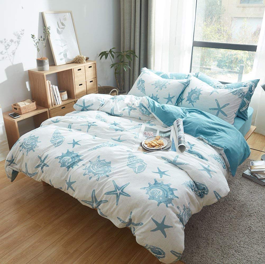 DONEUS Jersey Knit Duvet Cover Set - Twin Size Blue & White Starfish Pattern Bedding Set with Zipper Closure, Includes 1 Duvet Cover & 2 Pillow Shams | Soft Breathable Comforter Cover for Kids Room, Guest Bedroom & Beach House Decor