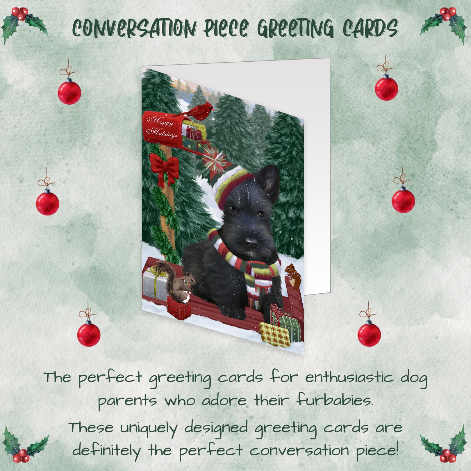 Merry Christmas Woodland Sled Scottish Terrier Dog Greeting Cards - 10 Pack Adorable Pet Invitation Cards with Envelopes - Christmas Pet Artwork Greeting Cards GCD69590 for Holiday Gifts, Party Invitations & Festive Greetings