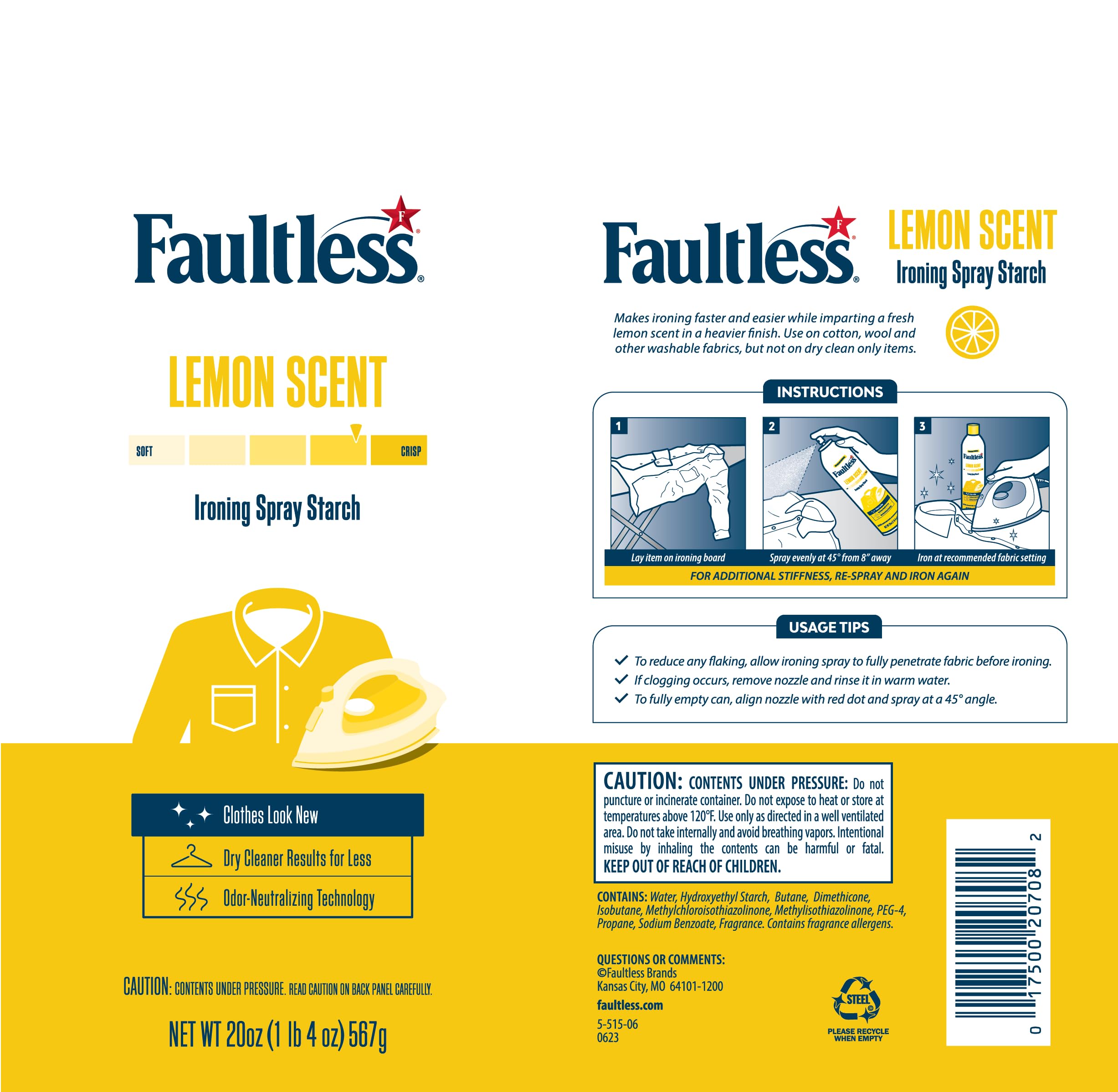 Faultless Lemon Laundry Starch Spray - 20 oz (Pack of 3) | Lemon Scented Spray Starch for Clothes & Fabric | Smooth Ironing, No Residue | Perfect for Crisp Shirts, Dresses & Table Linens