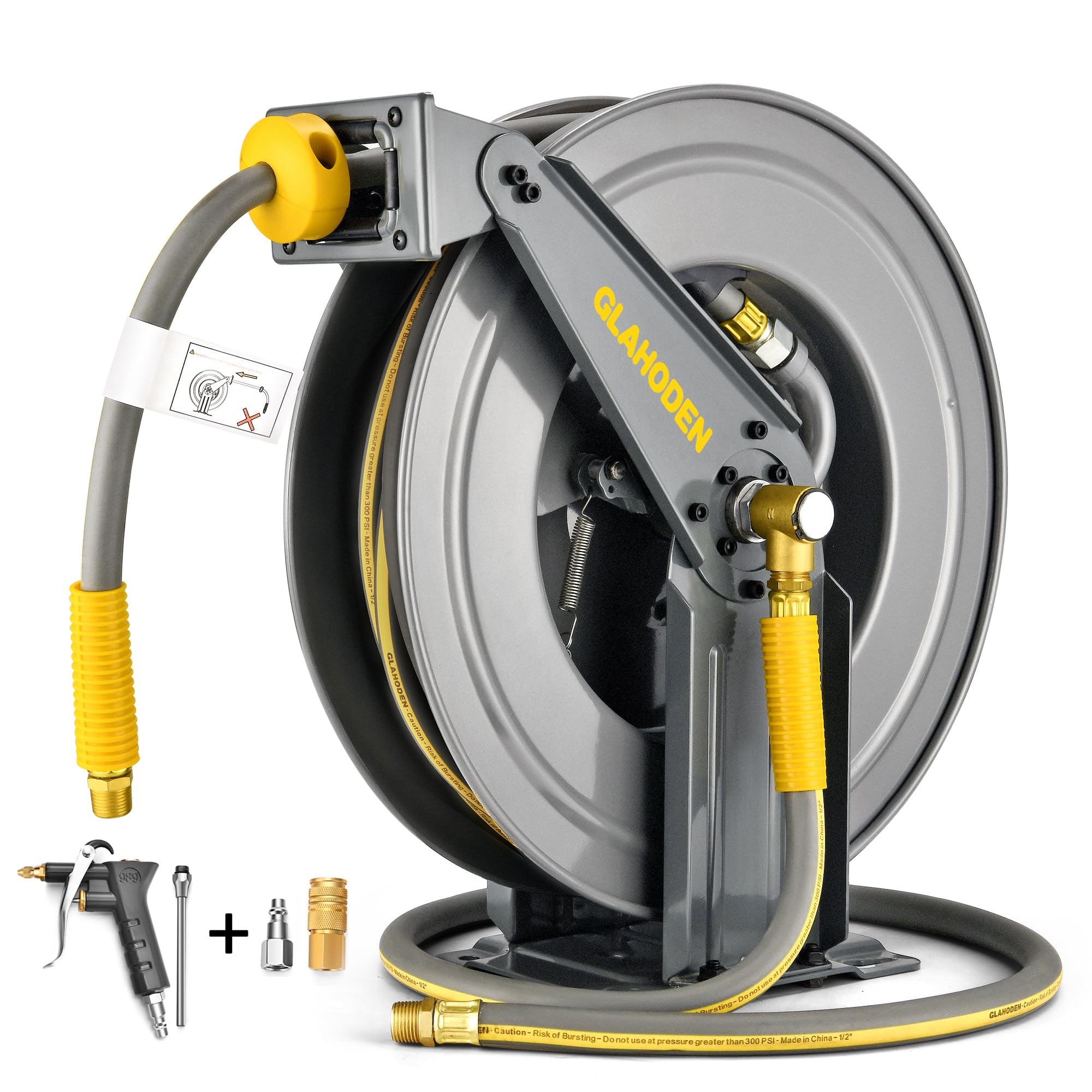 Heavy Duty 50 ft Double Arm Air Hose Reel with Auto Rewind - 1/2 Inch Hybrid Hose, 300 PSI Max, Quick Coupler & Swivel Fitting - Ideal for Professional Air Compressors, Workshops, and Garage Use