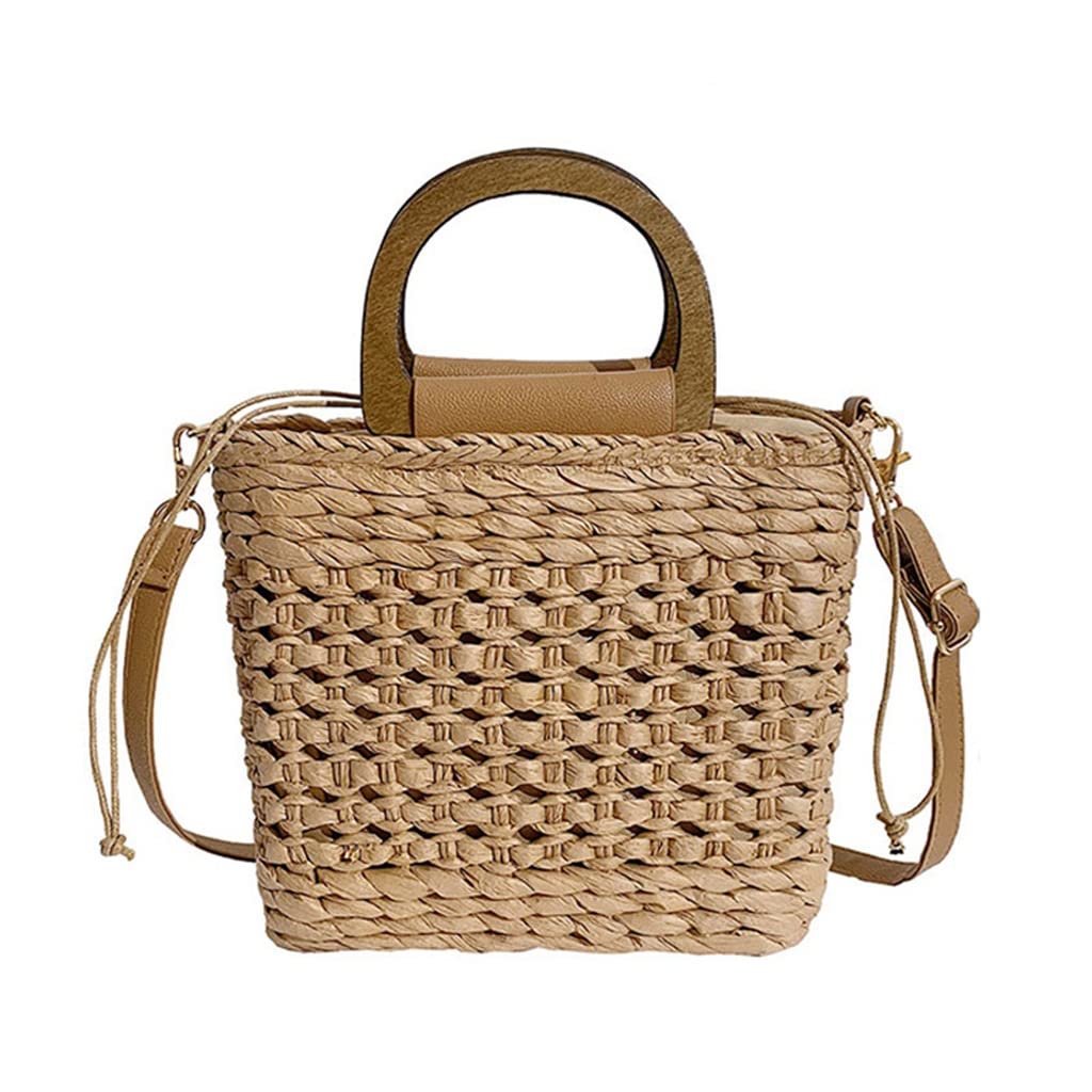 Women's Straw Tote Bag with Wooden Handle & Drawstring Closure - Summer Beach Shoulder Purse for Women - Boho Chic Handbag for Travel, Shopping & Outdoor Activities (One Size, Photo Color)