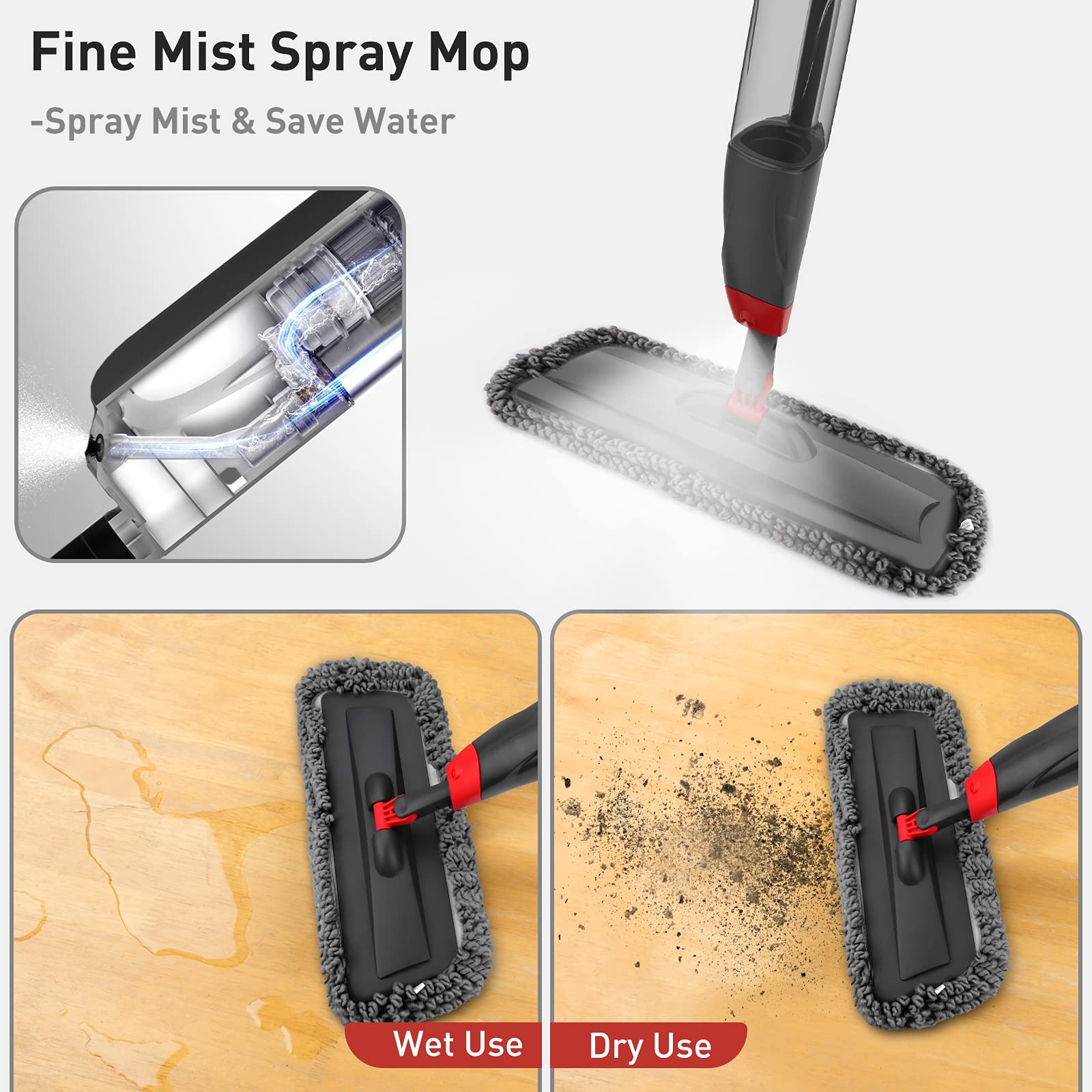 Homgif Spray Mop, 135cm Spray Mop Floor Cleaner with 750ml Spray Bottle & 3 Reusable Pads - Ideal for Hardwood, Laminate, Tile & Ceramic Floors - Perfect for Home, Kitchen & Office Cleaning