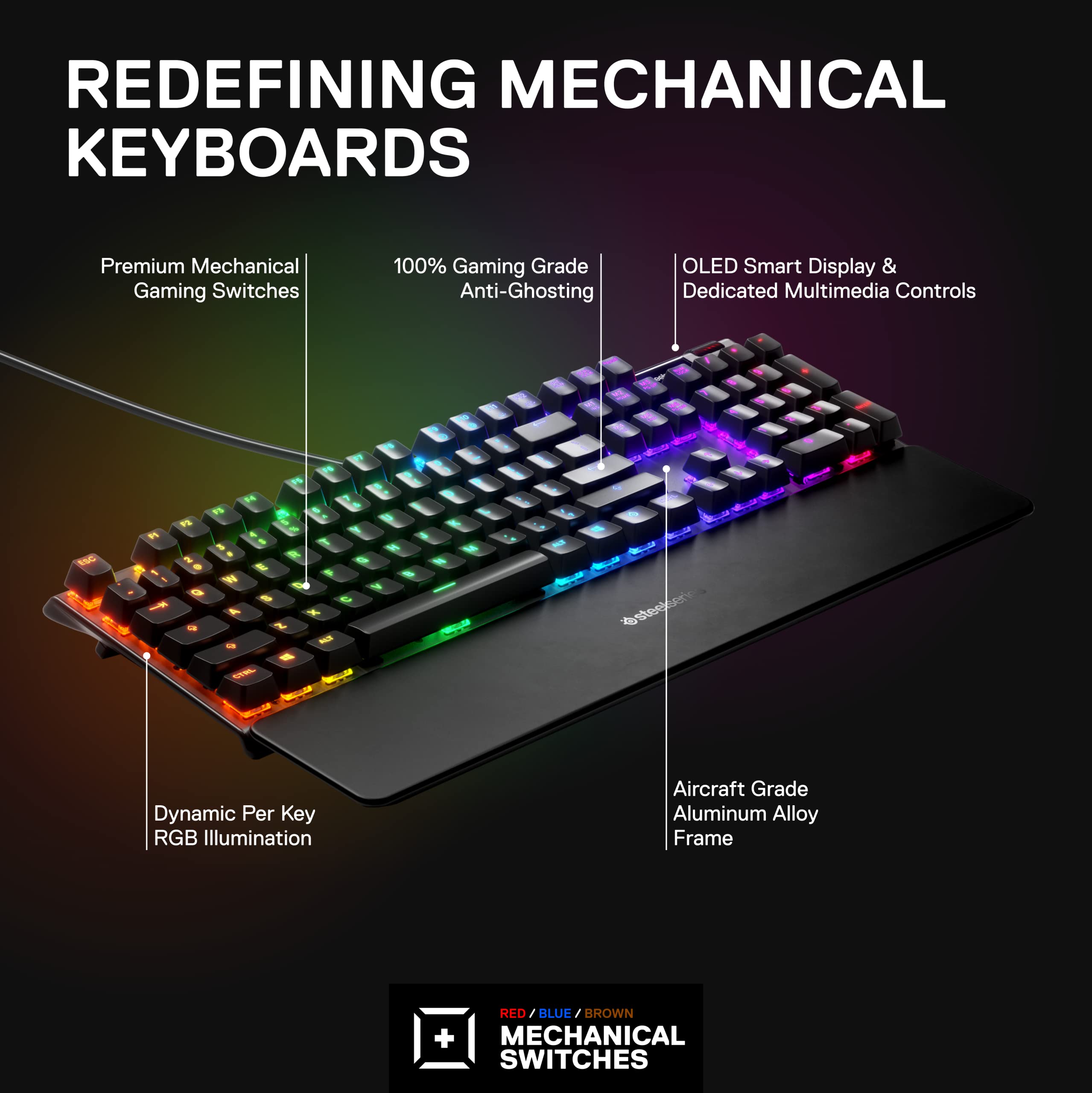 SteelSeries Apex 7 Mechanical Gaming Keyboard with OLED Smart Display - USB Passthrough & Media Controls - Tactile Quiet Brown Switch - RGB Backlit for PC, Mac, PS5, Xbox - Perfect for Gaming, Streaming & Office Work