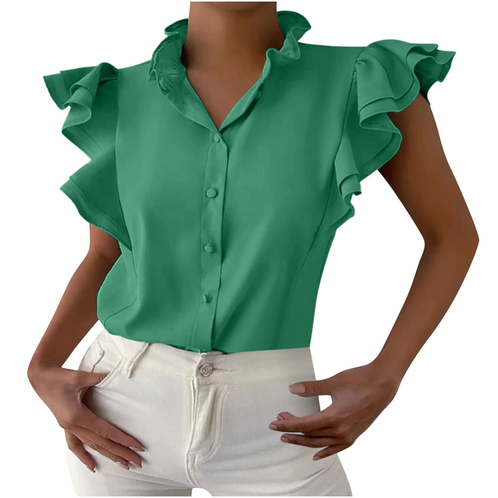 Women's Cute Summer Tops - Trendy Casual Ruffle Sleeve T-Shirt Blouse with Button Down Solid Stand Collar Tunic Tee | Perfect for Beach Outings, Date Nights & Summer Vacations