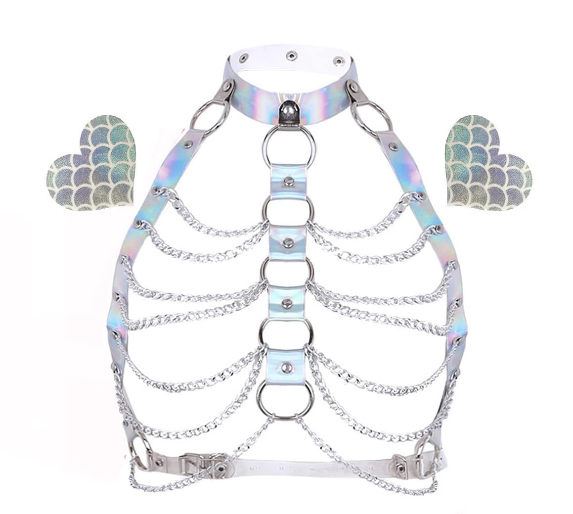 Holographic Rave Body Harness - Cage Bra, Choker & Chain Belt Set with Pasties for Music Festivals, Clubwear & Roleplay - Perfect for EDM Parties, Cosplay & Nightlife Outfits
