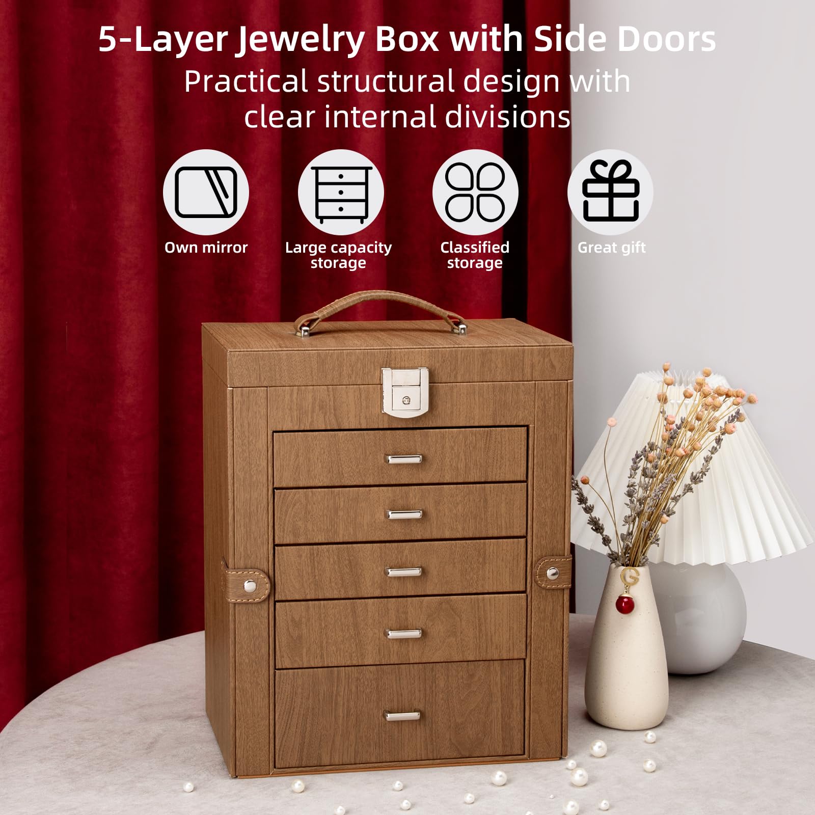 6-Tier Jewelry Organizer Box with Mirror & Lock - Perfect Gift for Women