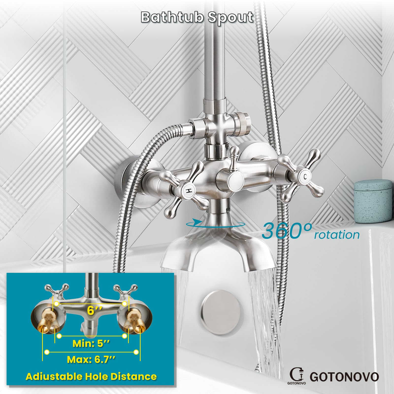 Gotonovo 8 Inch Exposed Shower Faucet Set - 3-Function Rainfall Showerhead with Tub Spout & Cross Handles - Brushed Nickel Shower System for Bathroom Remodel & Spa Experience