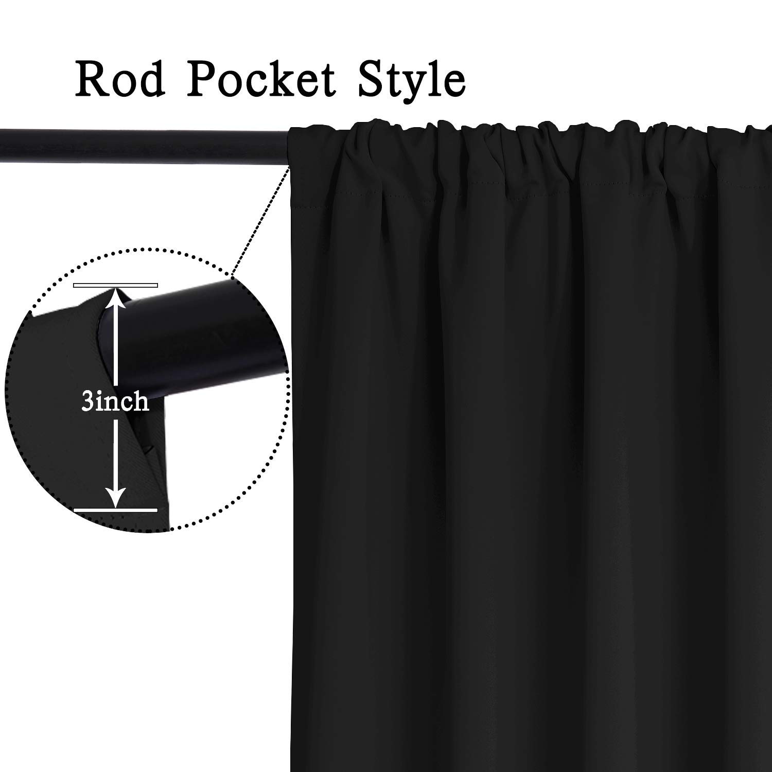 Yakamok Blackout Curtains for Bedroom & Living Room - Thermal Insulated Room Darkening Drapes with Rod Pocket, 2 Panels (52W x 45L Inch, Black) - Perfect for Light Blocking, Privacy & Energy Efficiency