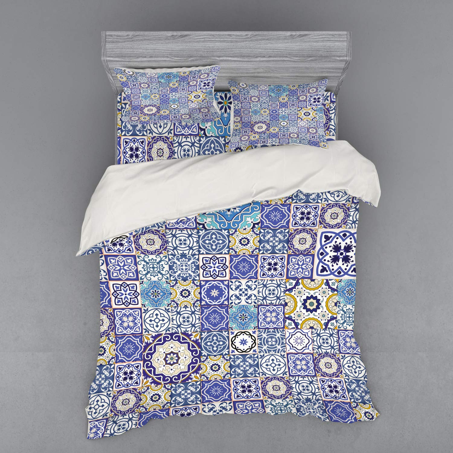 Ambesonne Moroccan Tiles Patchwork Duvet Cover Set - Queen Size 4-Piece Bedding with Shams & Fitted Sheet, Blue Multicolor Oriental Design - Perfect for Boho Chic Bedrooms & Guest Room Decor