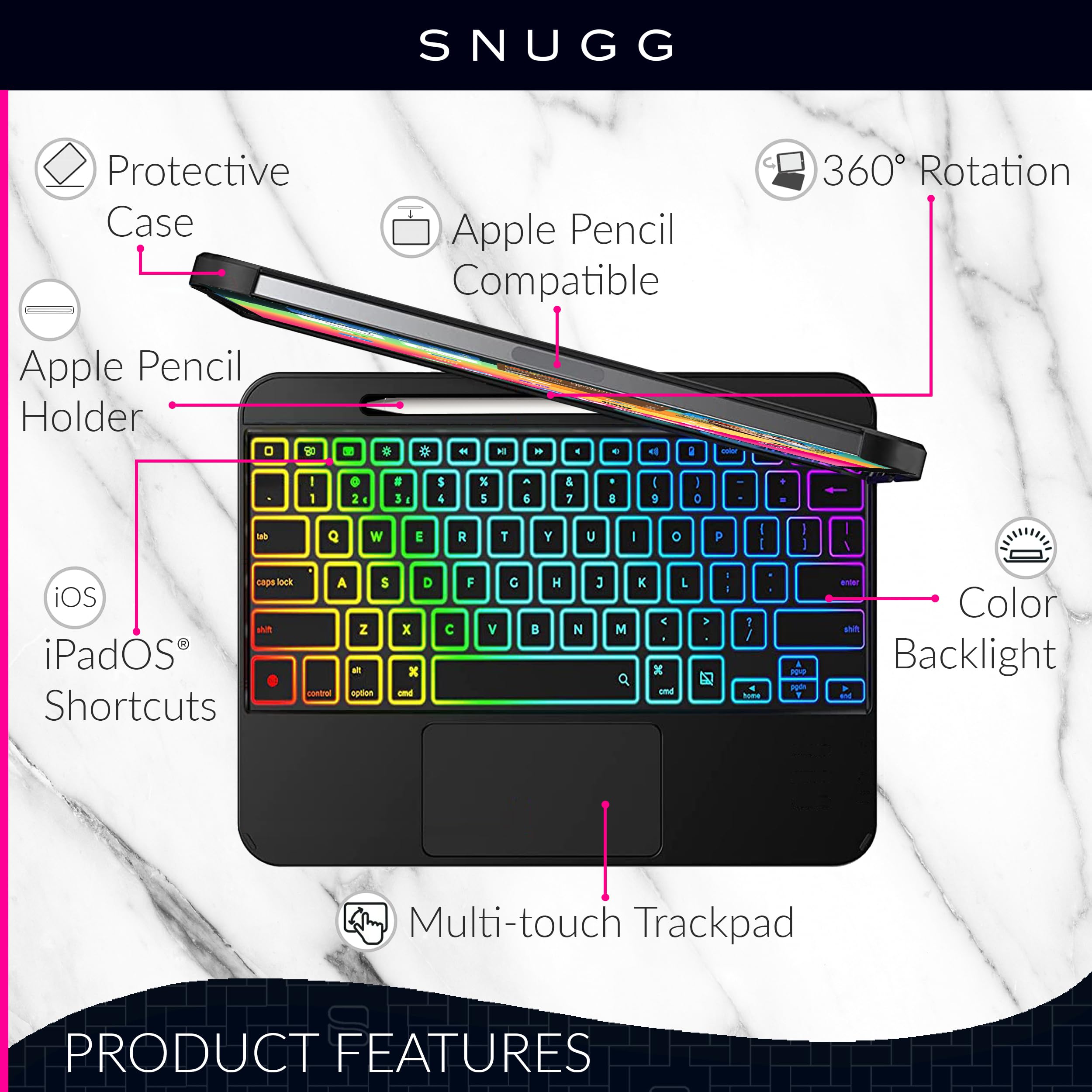Snugg iPad Pro 12.9 Case with Backlit Keyboard (2022 6th Gen/2021 5th Gen) & iPad Air 13 Inch Keyboard Case - 360 Degree Rotatable Protective Cover - Perfect for Work, Study & Travel - Black