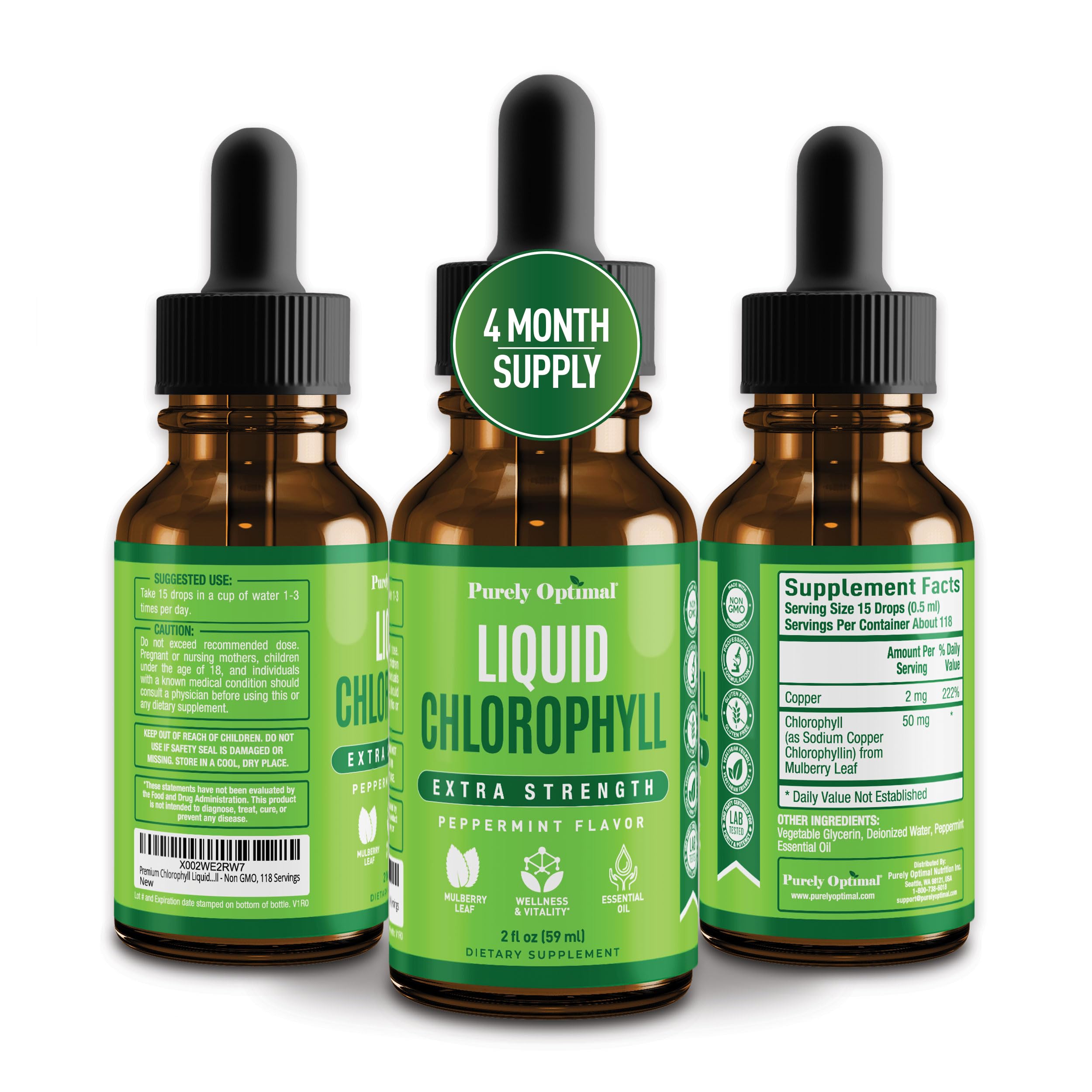Premium Liquid Chlorophyll Drops - 100% Natural, Gluten Free & Non-GMO Chlorophyll Supplement - 118 Servings (4oz) for Detox, Energy Boost & Skin Health | Perfect for Daily Wellness Routine & Athletic Performance