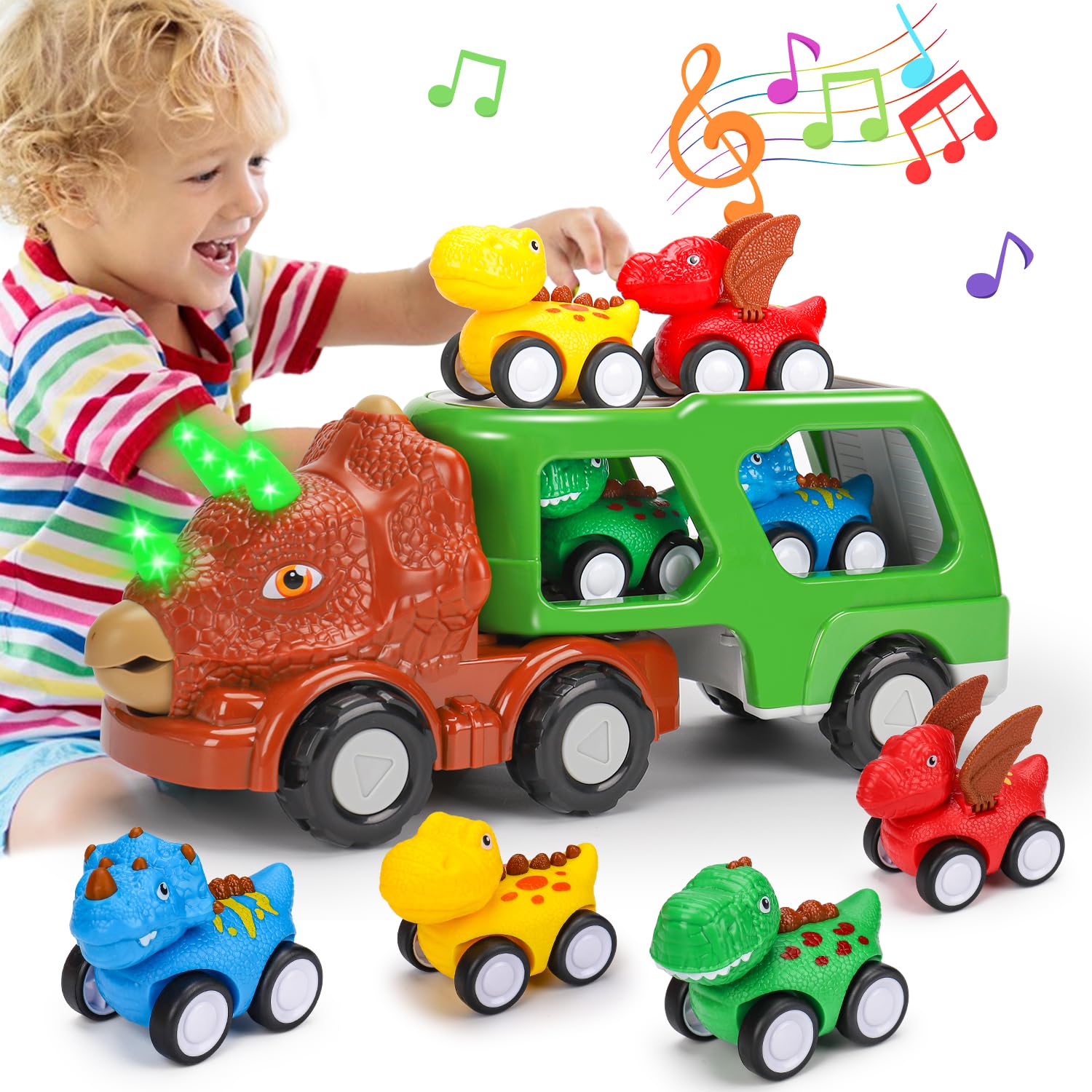 Dinosaur Transport Carrier Truck Toys for Toddlers 1-5 Years Old - 5-in-1 Interactive Play Set with Music & Lights - Best Gift for Boys Age 1-2, 2-3, 3-5 - Perfect for Christmas, Birthday & Pretend Play Scenes