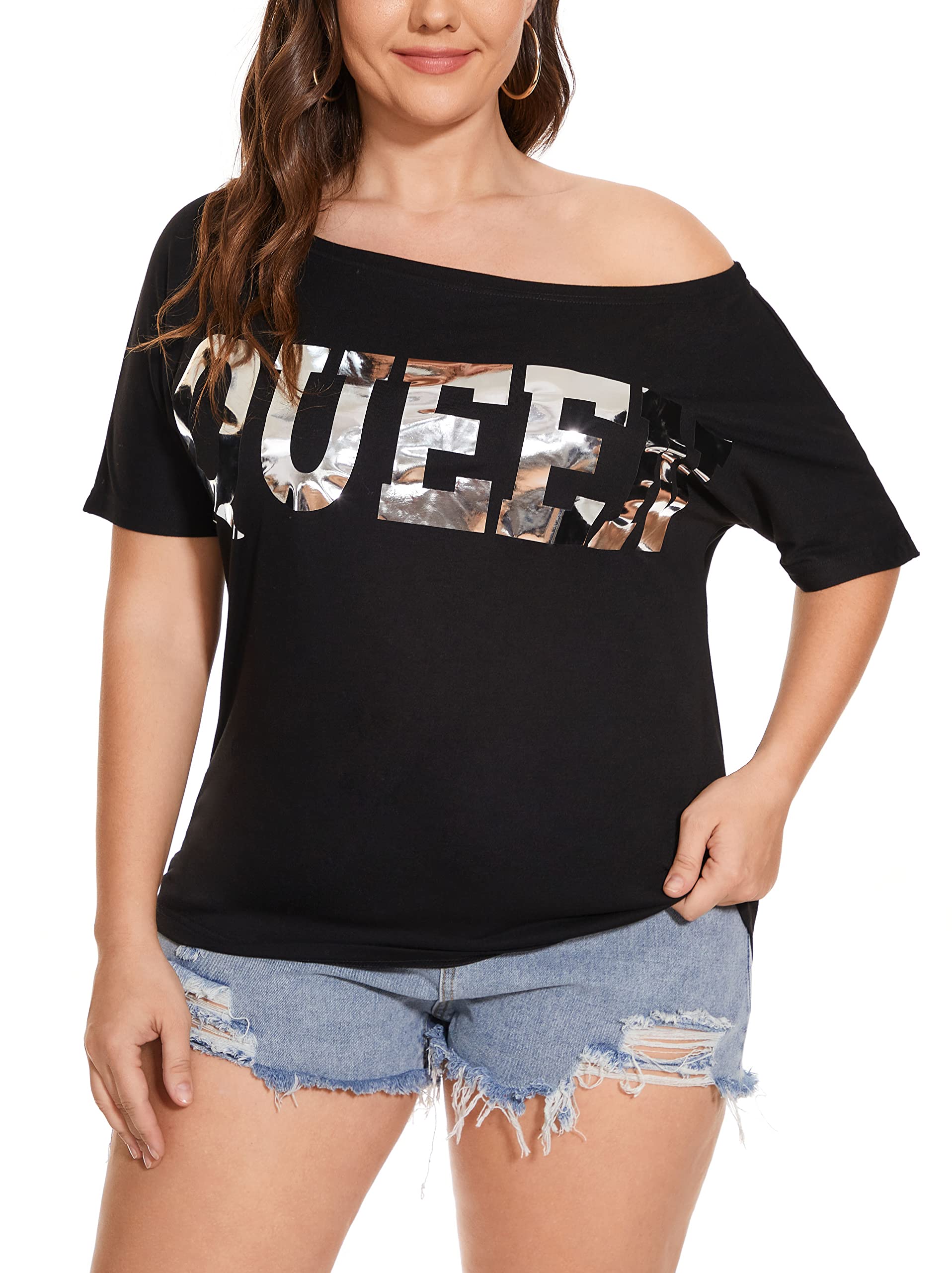 PESION Women's Off The Shoulder Tops - Sexy Shiny Metallic Short Sleeve Blouses with Fashion Graphic Print | Perfect for Night Out, Party & Casual Wear