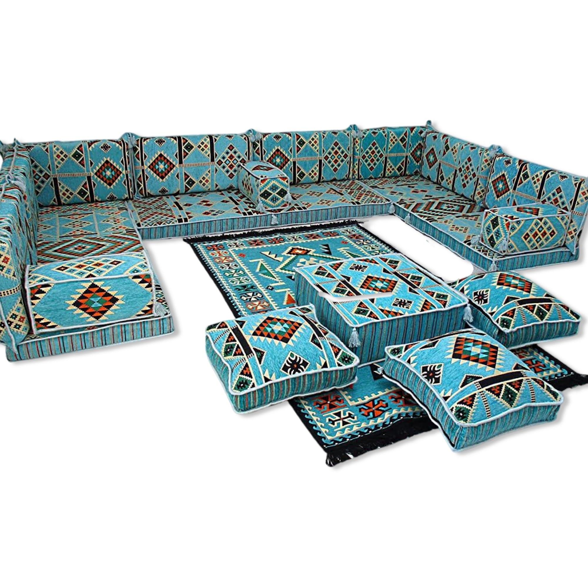 Premium Arabic U-Shaped Living Room Furniture Set - Traditional Majlis Seating, Floor Cushions & Sofa for Home Decor | Perfect for Middle Eastern Style Lounges, Cultural Gatherings & Cozy Family Nights