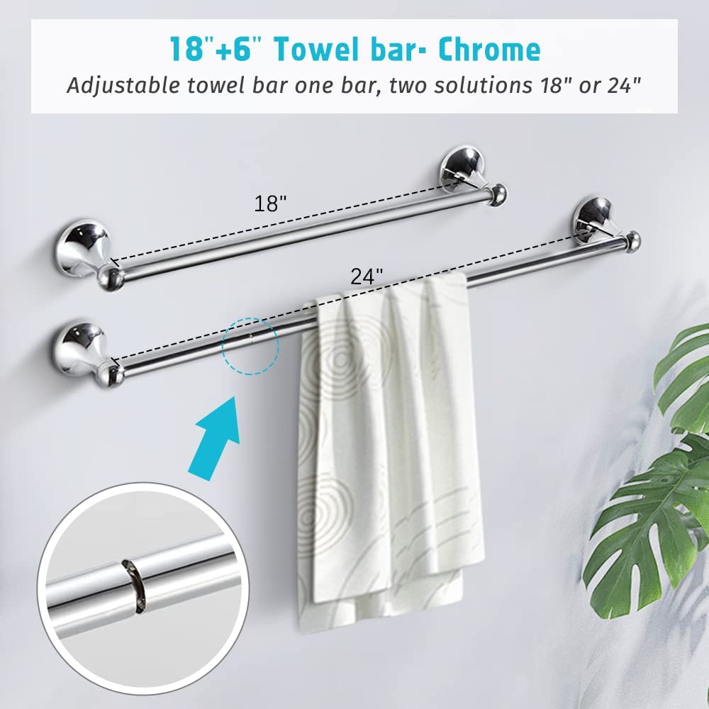 4-Piece Bathroom Accessory Set - Adjustable Towel Bar, Towel Ring, Toilet Paper Holder & Towel Hook - Chrome Wall Mounted Bathroom Hardware for Modern Homes - Perfect for Bathroom Organization & Spa-Like Decor