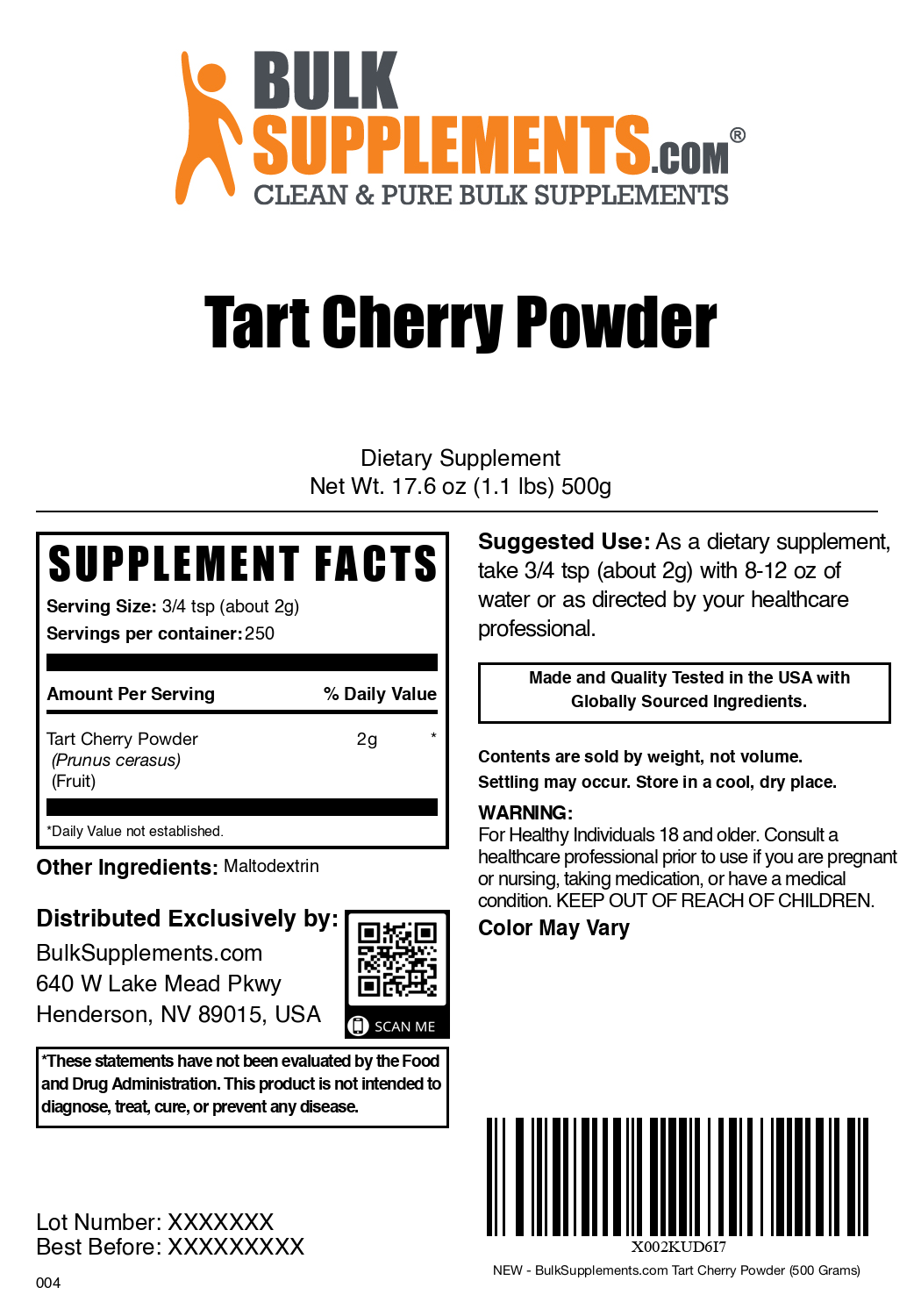 Organic Tart Cherry Powder - 100% Pure, No Additives | Antioxidant-Rich Superfood for Smoothies, Baking & Wellness Drinks