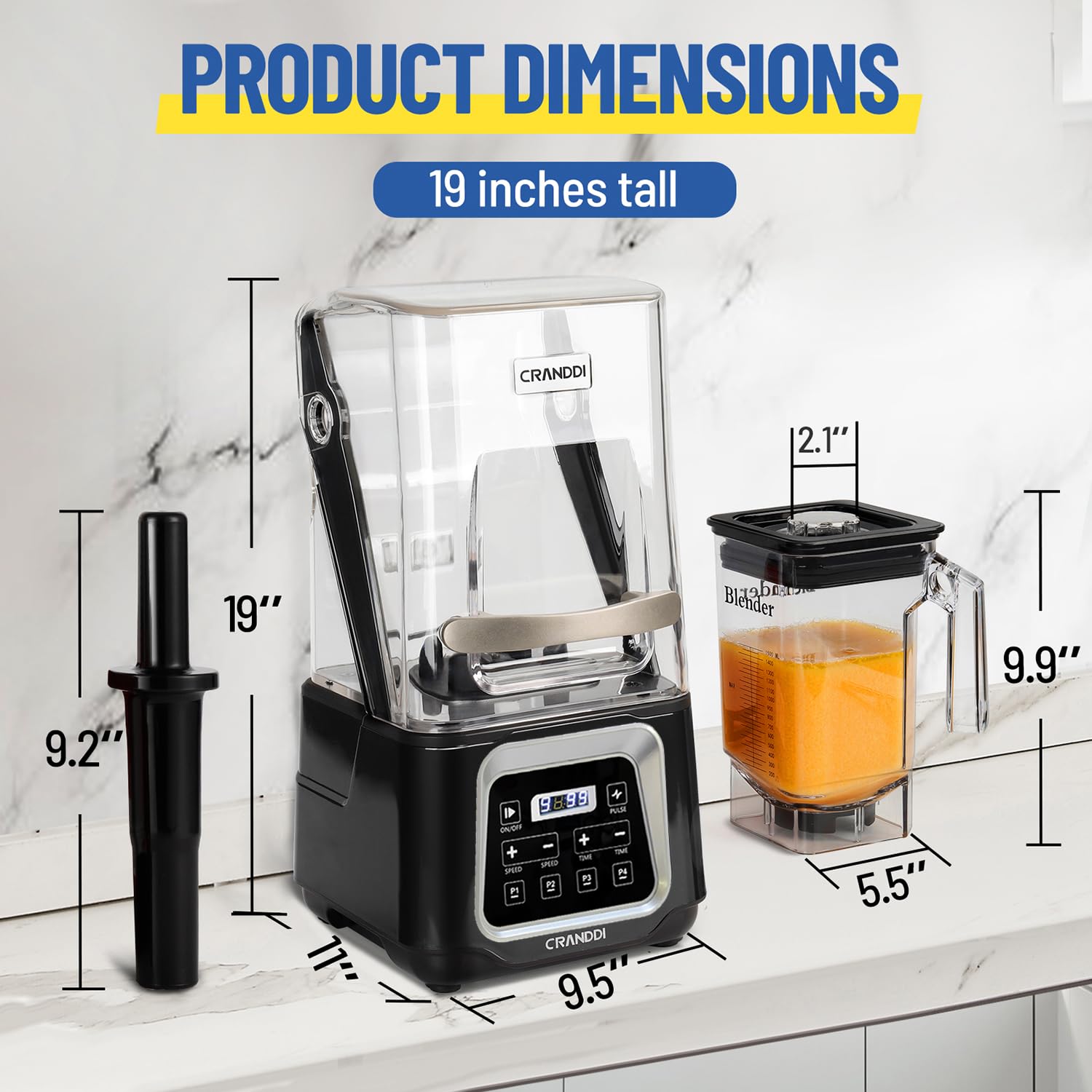 CRANDDI 2200W Commercial Smart Blender with Digital Touch Screen - 52oz BPA-Free Pitcher, 4 Preset Programs for Smoothies, Juices, Frozen Drinks & Meal Prep - Quiet Shield Technology, Removable Cover (K80TS, Black) - Perfect for Home Kitchens, Restaurants & Smoothie Bars