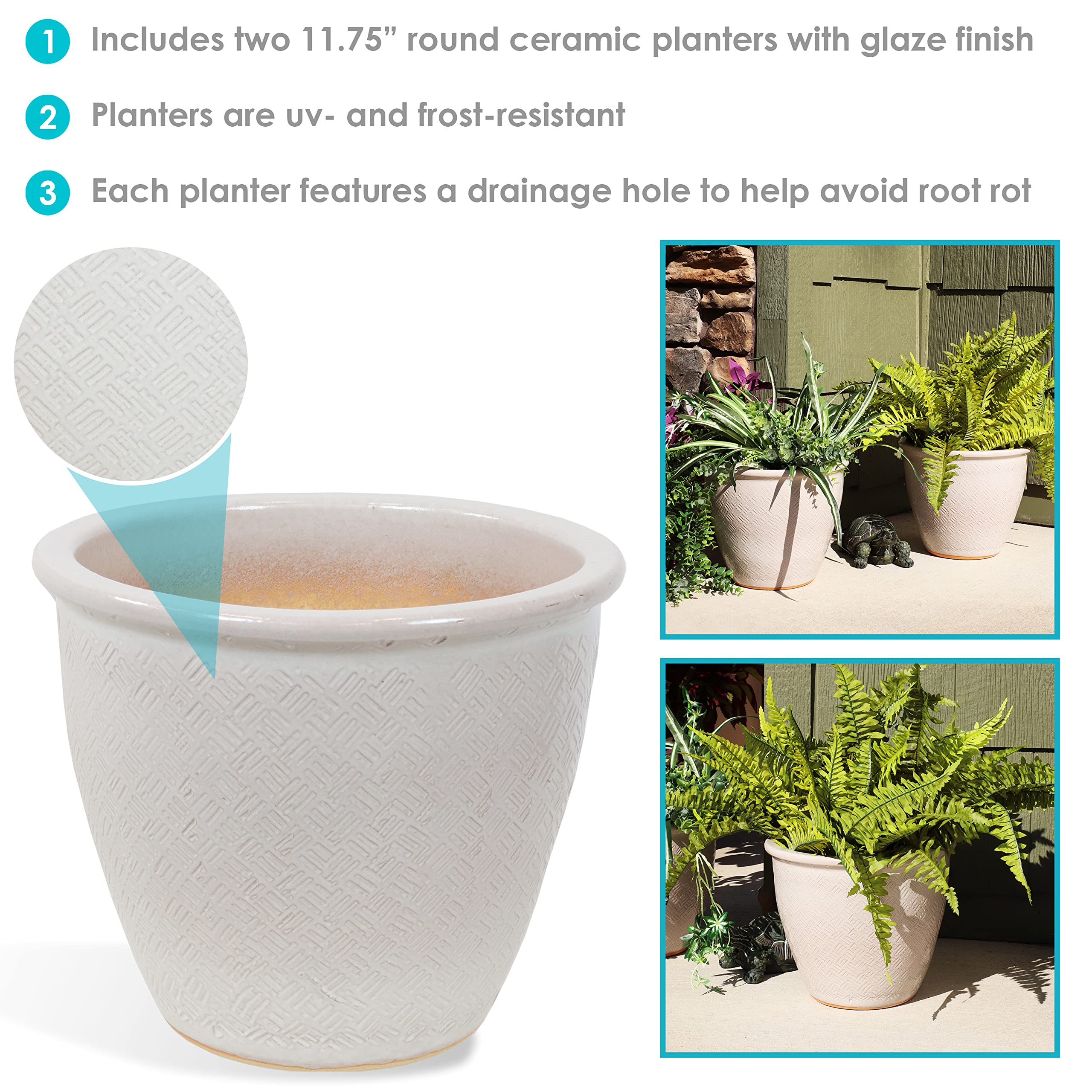 Sunnydaze Ocean Villa 11.75-Inch Outdoor Ceramic Planter Set of 2 - Pearl Finish with Mineral Glaze - Perfect for Patio, Garden, and Balcony Decor