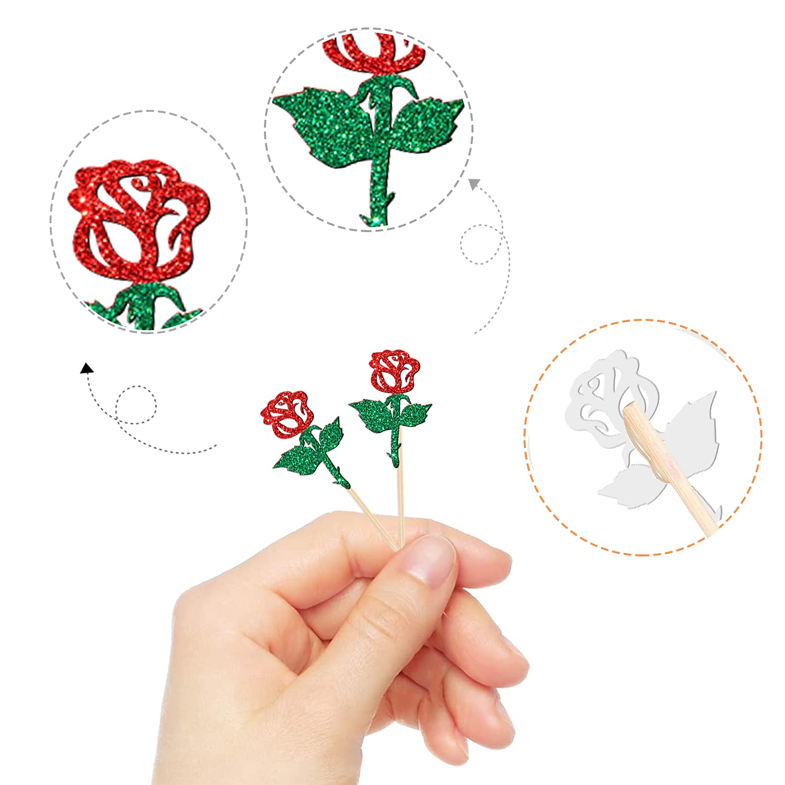 24-Piece Glitter Rose Flower Cupcake Toppers - Gender Reveal, Baby Shower, Wedding & Party Decorations (Red & Green) | Floral Cake Picks for Birthday, Bridal Shower & Tea Party Themes | Perfect for DIY Desserts & Celebration Decor