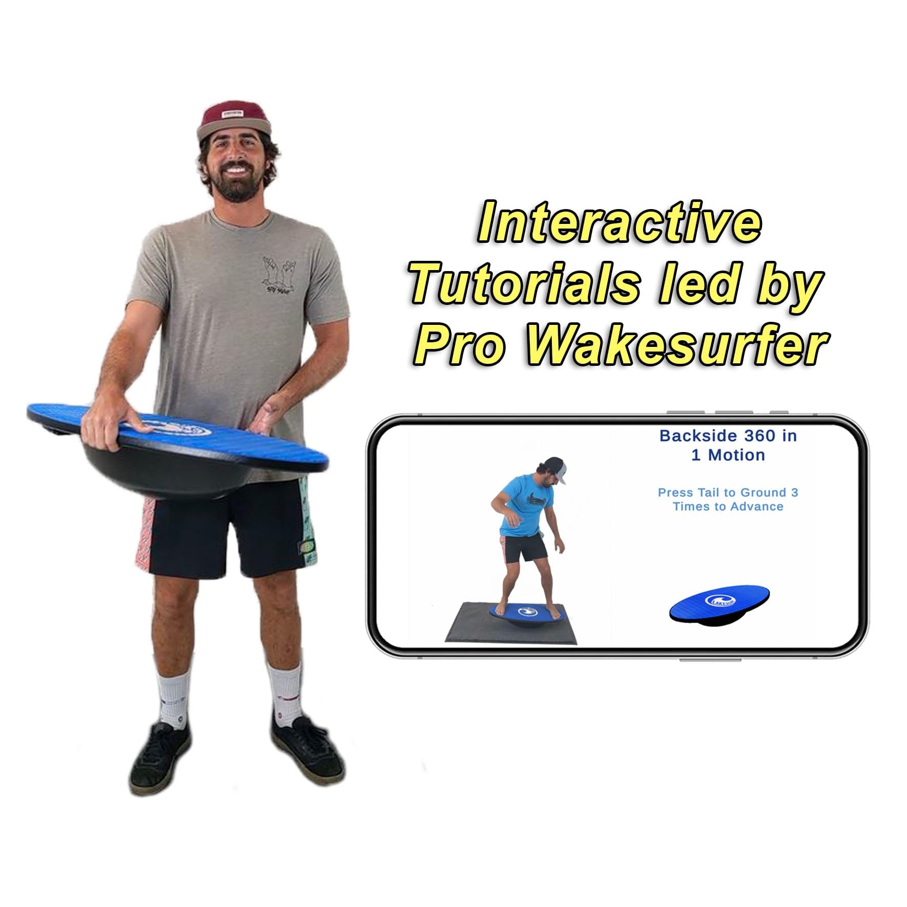 Lakesurf Wakesurf Balance Board with Motion Tracking App & Phone Mount - Surfing Simulator for Wakesurfing Training, Fitness Workouts, Balance Games & Tutorials | Perfect for Home Exercise, Surf Practice & Indoor Fitness Training