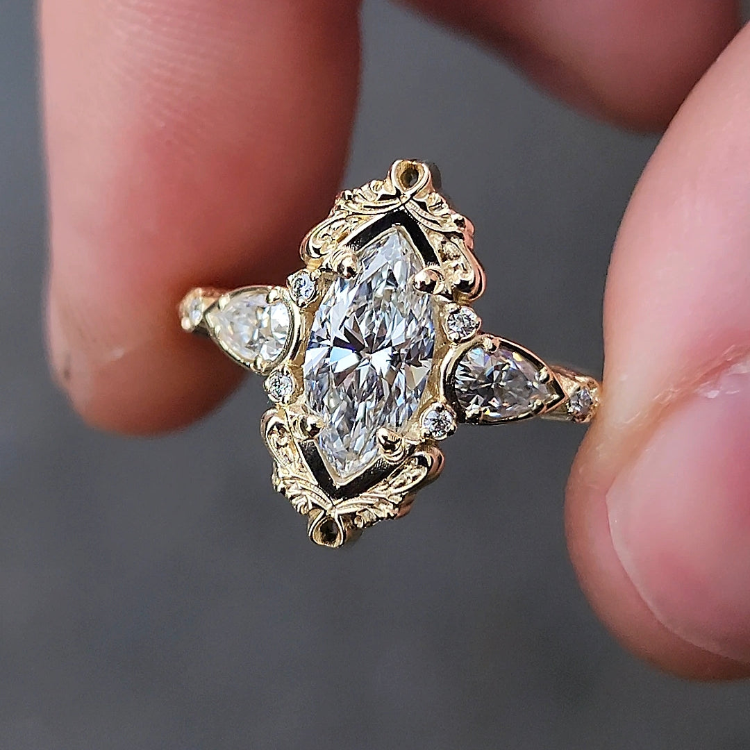 Exquisite 14K Gold Handmade Marquise Lab Diamond Engagement Ring with Pear Side Stones & Intricate Filigree Scrollwork - Perfect for Romantic Proposals & Anniversary Gifts