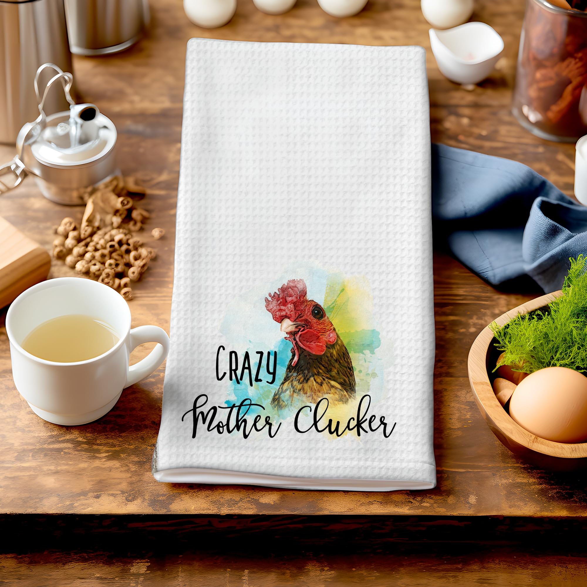 Funny Crazy Mother Clucker Rooster Chicken Design Farmhouse Kitchen Towel - Microfiber Waffle Weave Dish Towels for Drying Dishes - Perfect Farm Rustic Gift for Friends & Country Home Decor