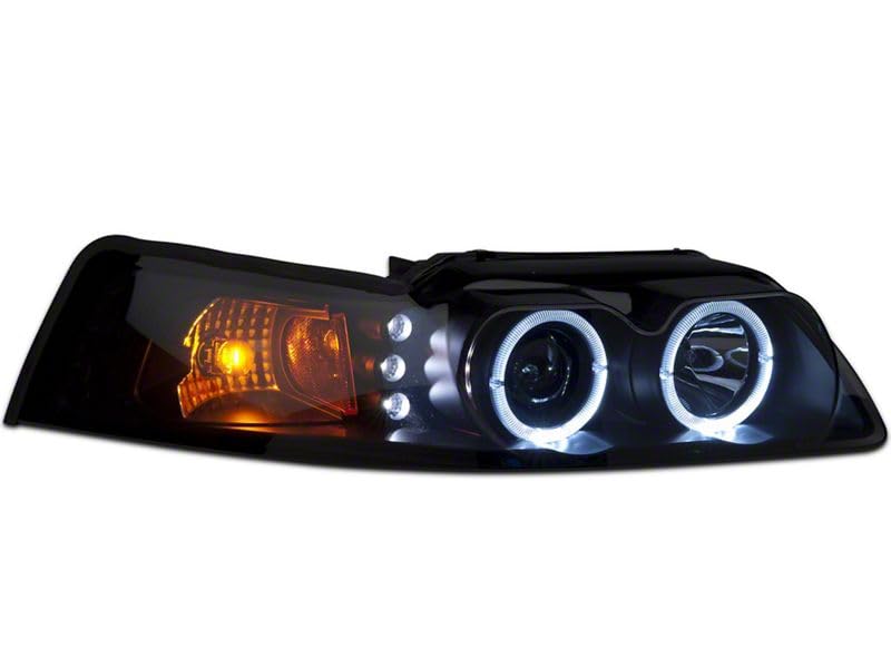 Raxiom Smoked Projector Headlights with Dual LED Halo for Ford Mustang 1999-2004 - Upgrade Your Ride with Enhanced Visibility & Style for Night Driving & Car Shows