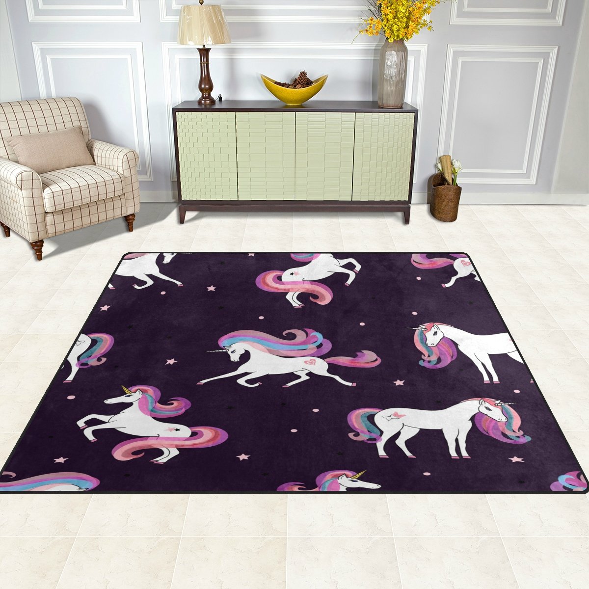 ALAZA 7' x 5' Cartoon Unicorn Star Area Rug - Soft Non-Slip Kids Room Carpet for Bedroom, Living Room & Nursery - Perfect for Playrooms, Dorm Decor and Fantasy Themed Spaces