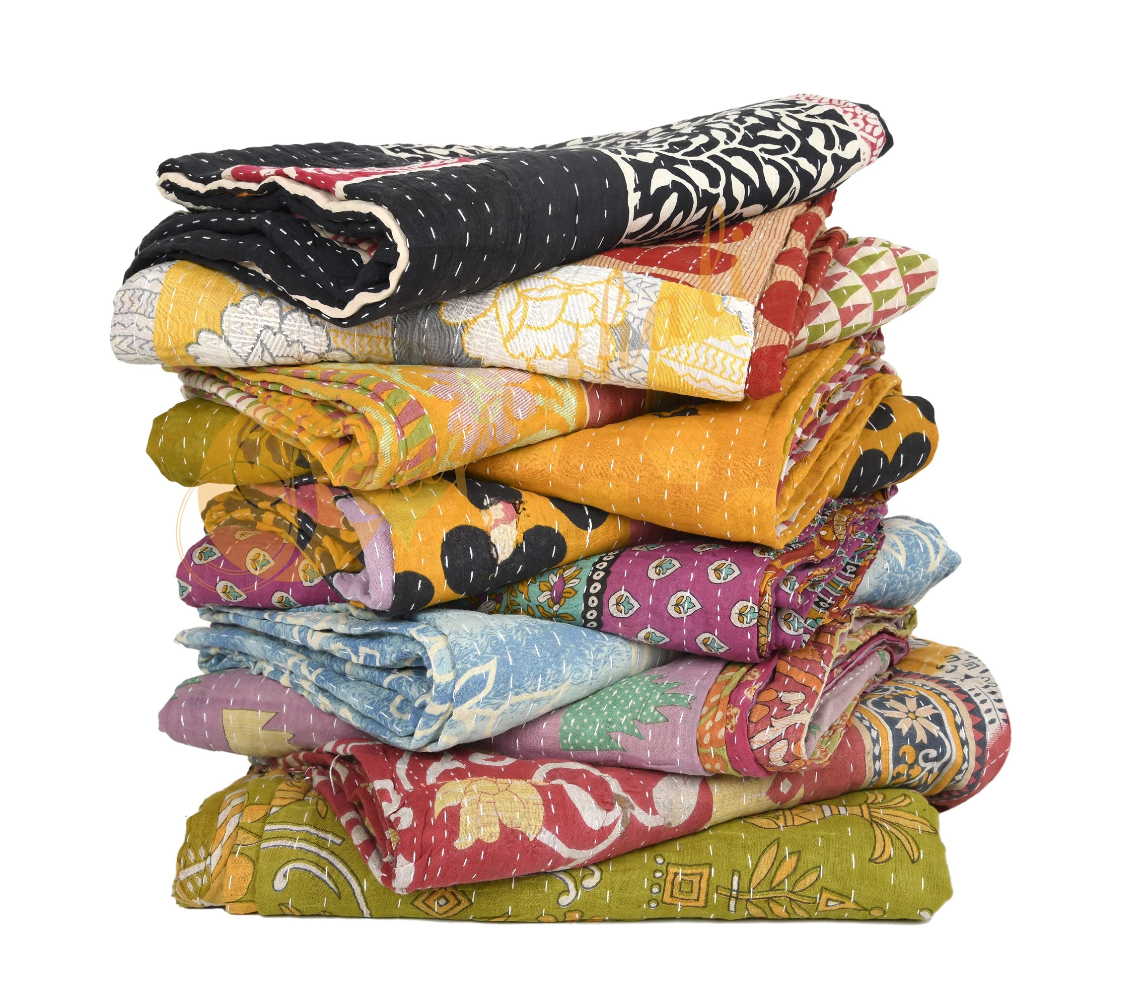 Wholesale Vintage Tribal Kantha Quilts - 10-Piece Cotton Patchwork Bedspread Set with Assorted Designs | Boho Chic Home Decor for Bedroom, Living Room & Guest House