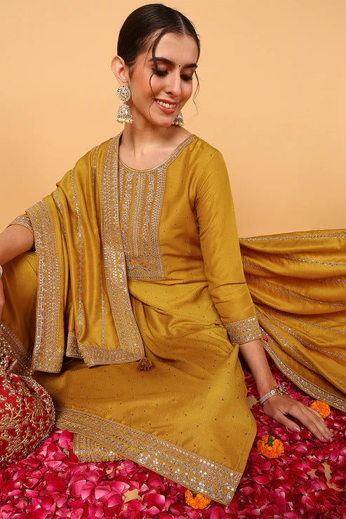 Mustard Yellow Silk Blend Suit Set for Women | Elegant Festive Outfit for Diwali, Weddings & Special Occasions | Breathable & Comfortable Party Wear