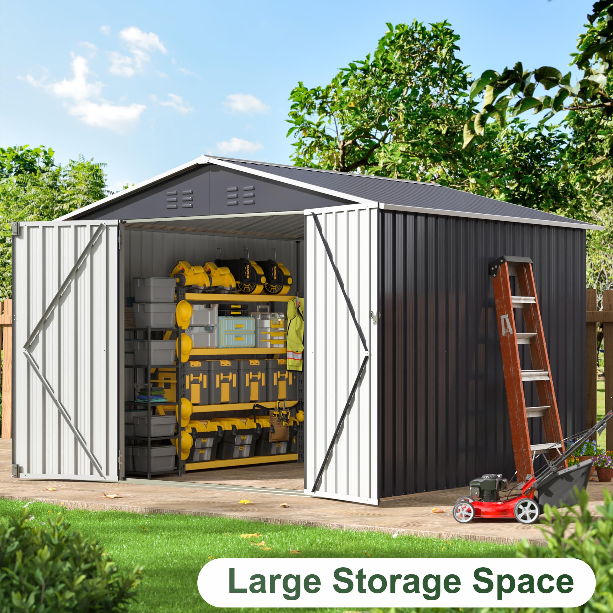 WKM 8x8 FT Heavy Duty Outdoor Storage Shed | Lockable Metal Tool Shed with Reinforced Frame | Large Black Garden Shed for Backyard, Patio & Lawn | Perfect for Storing Lawn Mowers, Gardening Tools & Outdoor Equipment