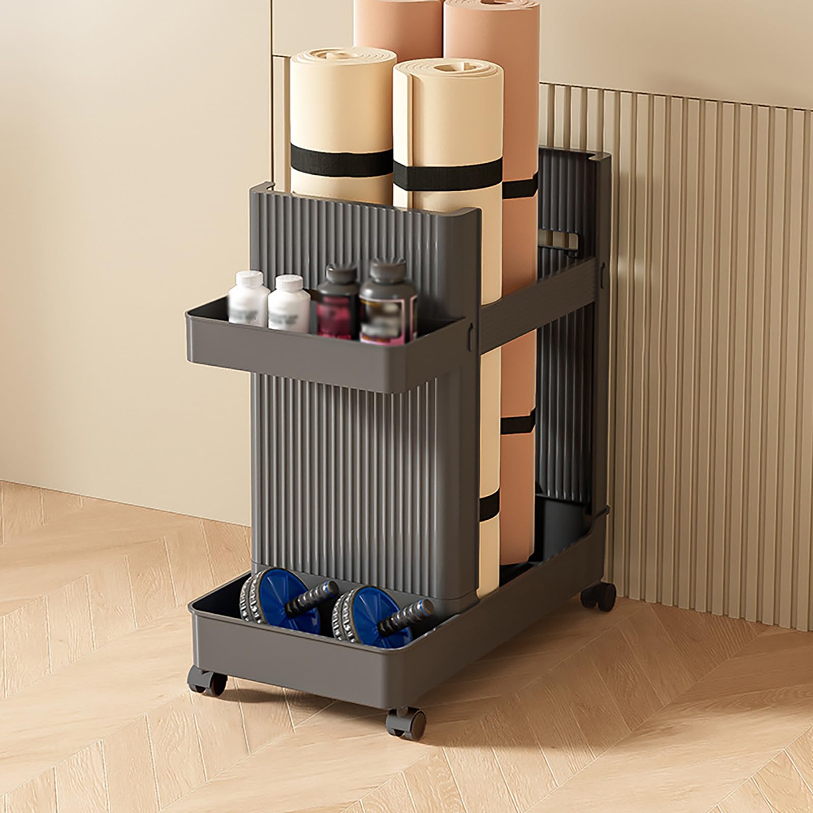 Multifunctional Home Gym Storage Rack with Wheels - ABS Workout Equipment Organizer for Yoga Mats, Dumbbells & Gym Accessories - Perfect for Small Spaces & Home Workout Organization