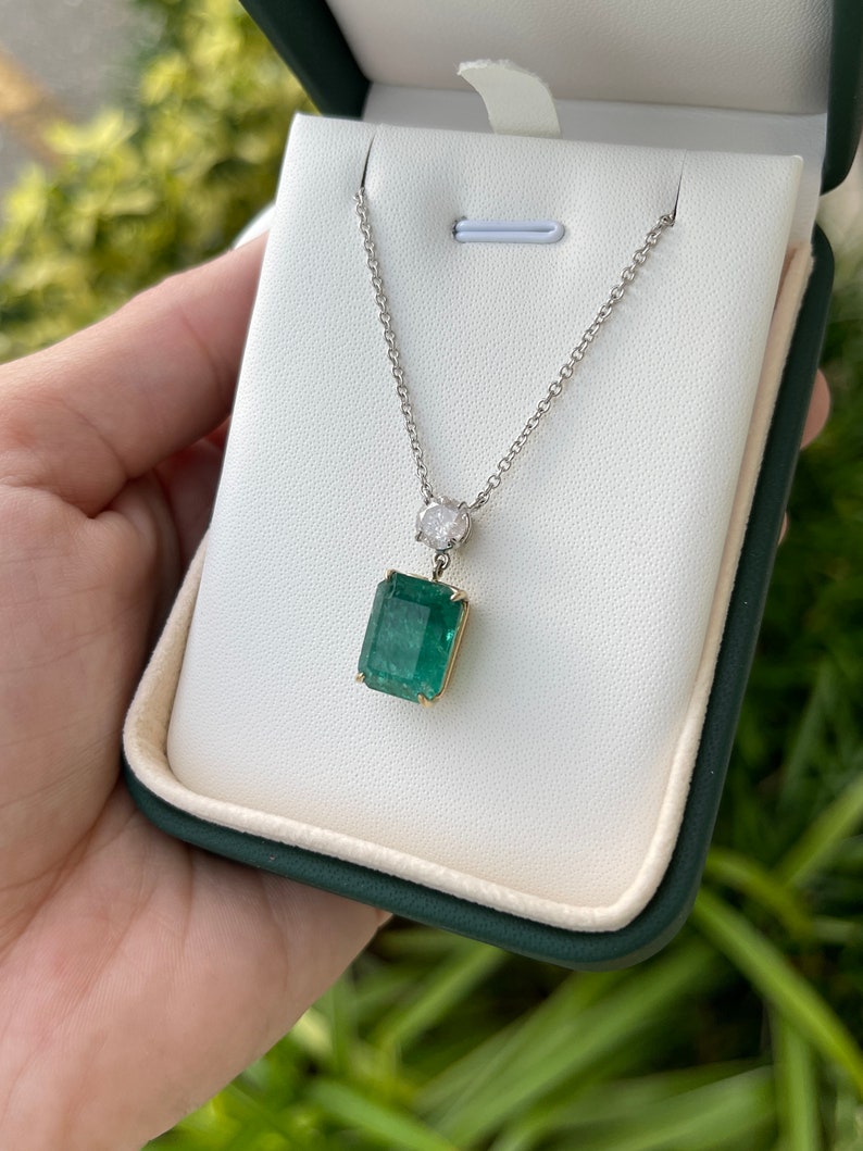 10.57tcw 14K Gold Emerald & Diamond Two Stone Dangle Stationary Necklace for Women - Elegant Jewelry Gift for Birthday, Anniversary & Special Occasions