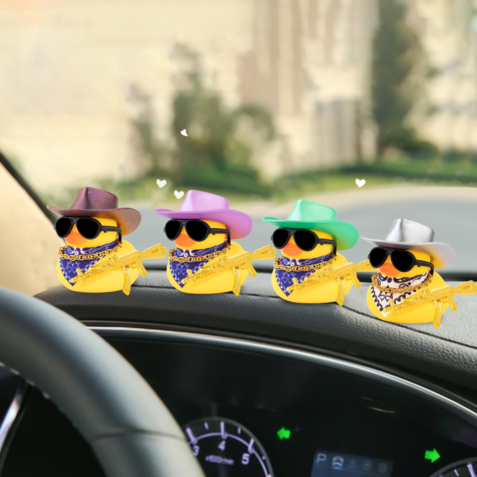 Wonuu Rubber Duck Car Ornaments - Cute Dashboard Decor with Cowboy Hat, Necklace & Sunglasses - Shiny Deep Purple Car Accessories for Fun Road Trips & Gifts