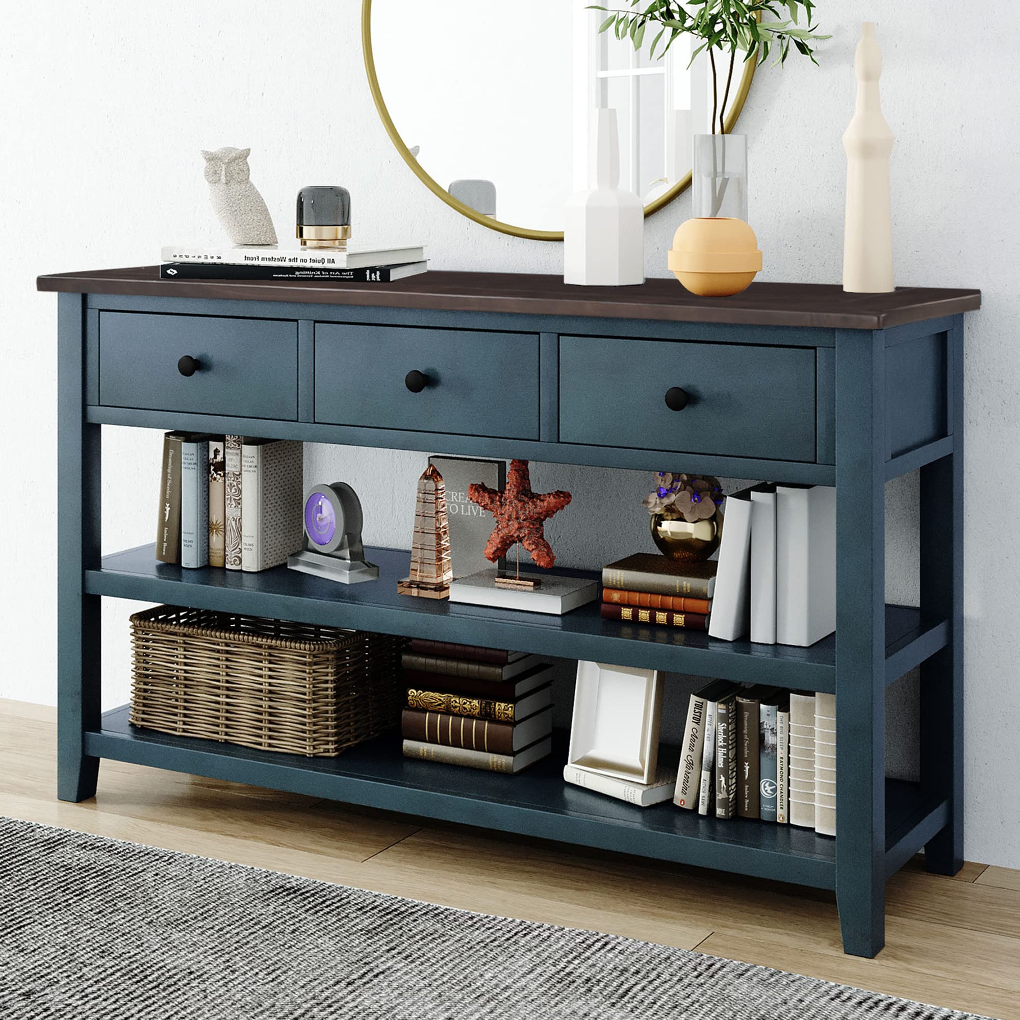 Vintage Style Pine Wood Console Table with 3 Drawers & 2 Open Shelves - Entryway Sofa Table, Hallway Furniture for Living Room & Bedroom (Navy Blue) - Perfect for Home Decor, Small Space Storage & Entry Organization