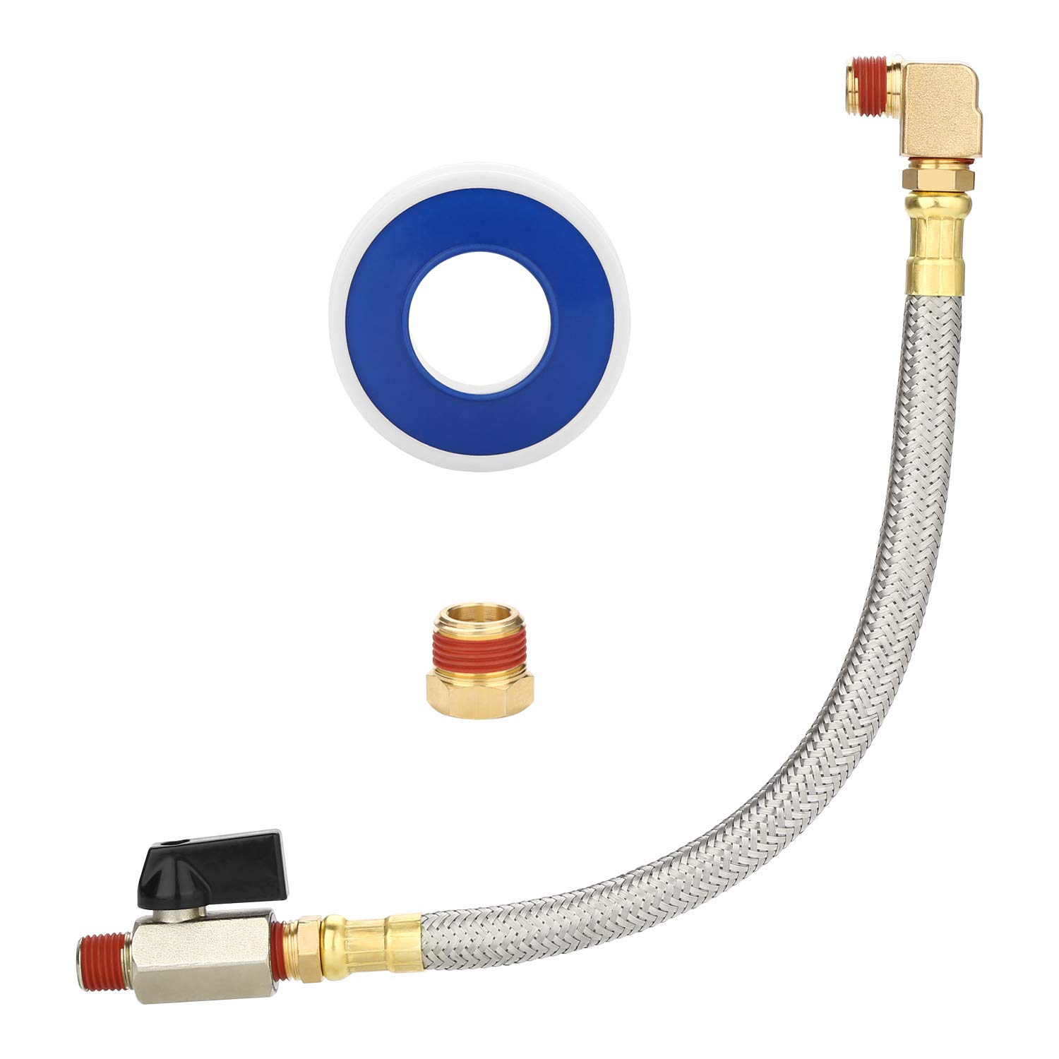 HK Extended Tank Drain Assembly Kit - 10 Inch Braided Steel Hose with 1/4 Inch Drain Valve & Elbow Fitting for Air Compressors - Perfect for Industrial, Garage & Workshop Maintenance