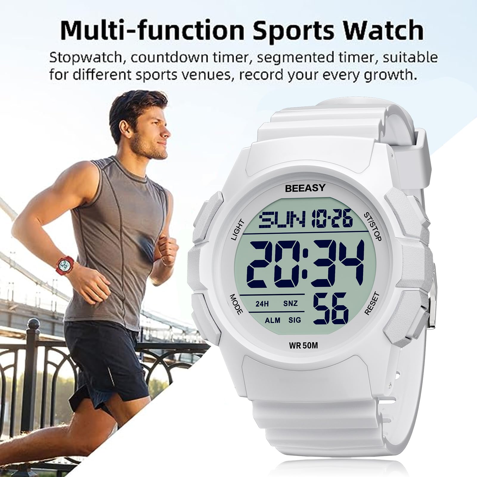 Beeasy Men's Digital Sports Watch - Waterproof Stopwatch, Countdown Timer, Alarm, Dual Time - Durable Rubber Strap Wristwatch for Men & Students | Perfect for Running, Swimming, Gym Workouts & Outdoor Activities