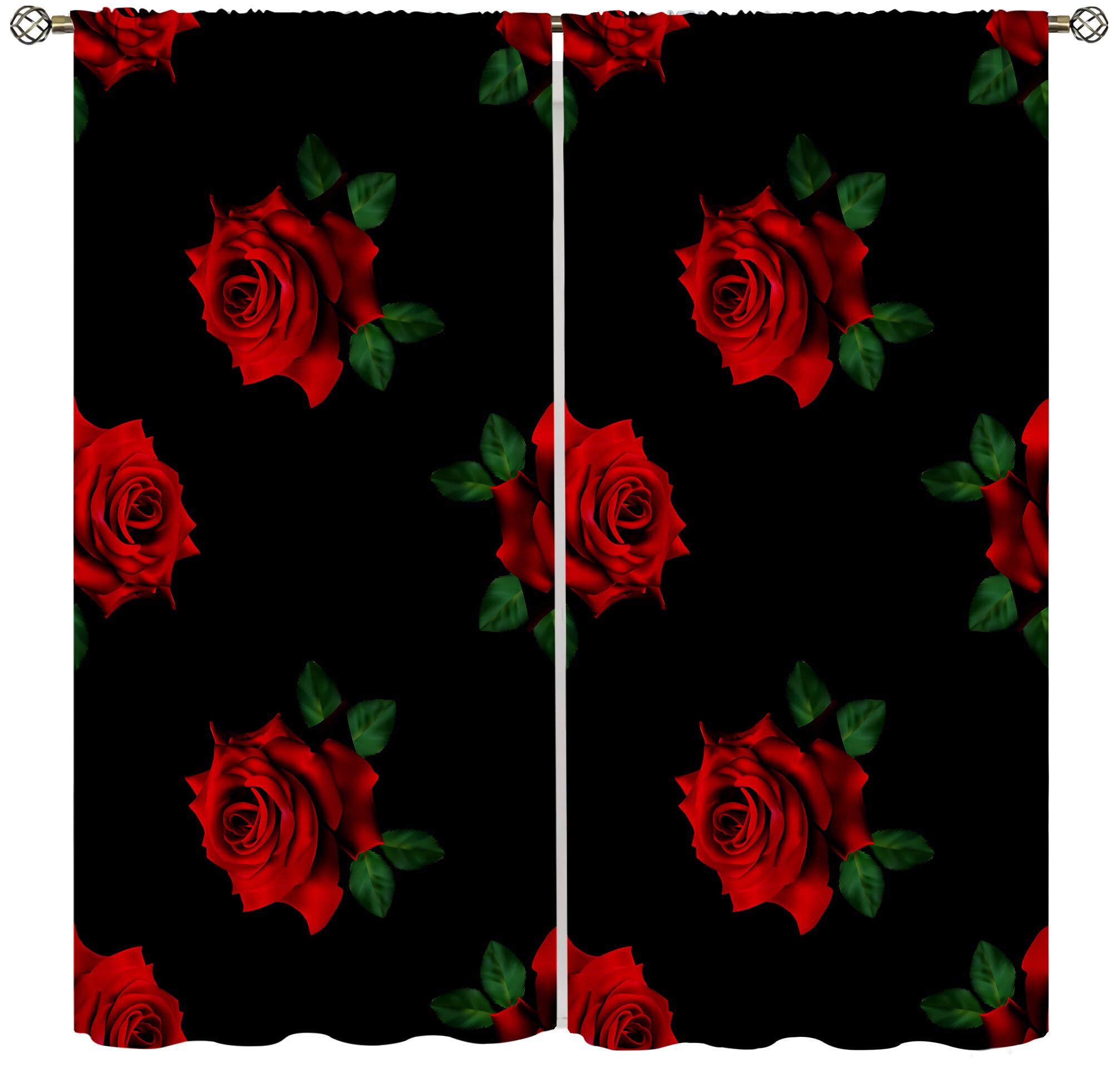 Romantic Red Rose Print Curtains - Burgundy & Black Floral Drapes for Valentine's Day, Women's & Girls' Room Decor - 2 Panels (42x45 Inch) - Perfect for Bedroom Windows, Living Room Decor & Romantic Home Ambiance