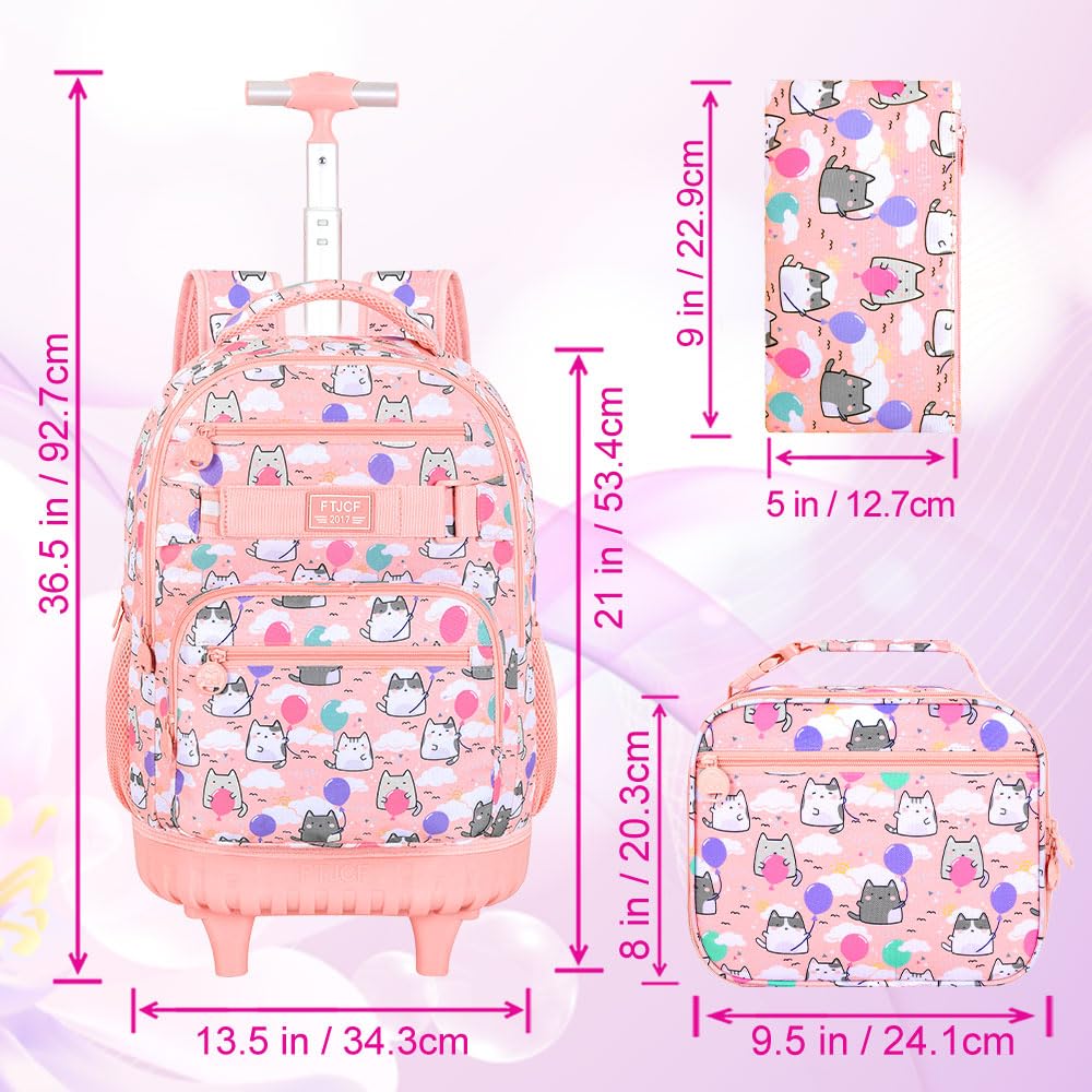 **Girls Rolling Backpack Set - 3-Piece Pink Cloud Cat Wheeled School Bag with Lunch Box for Kids & Teens | Perfect for School, Travel, and Daily Commute**