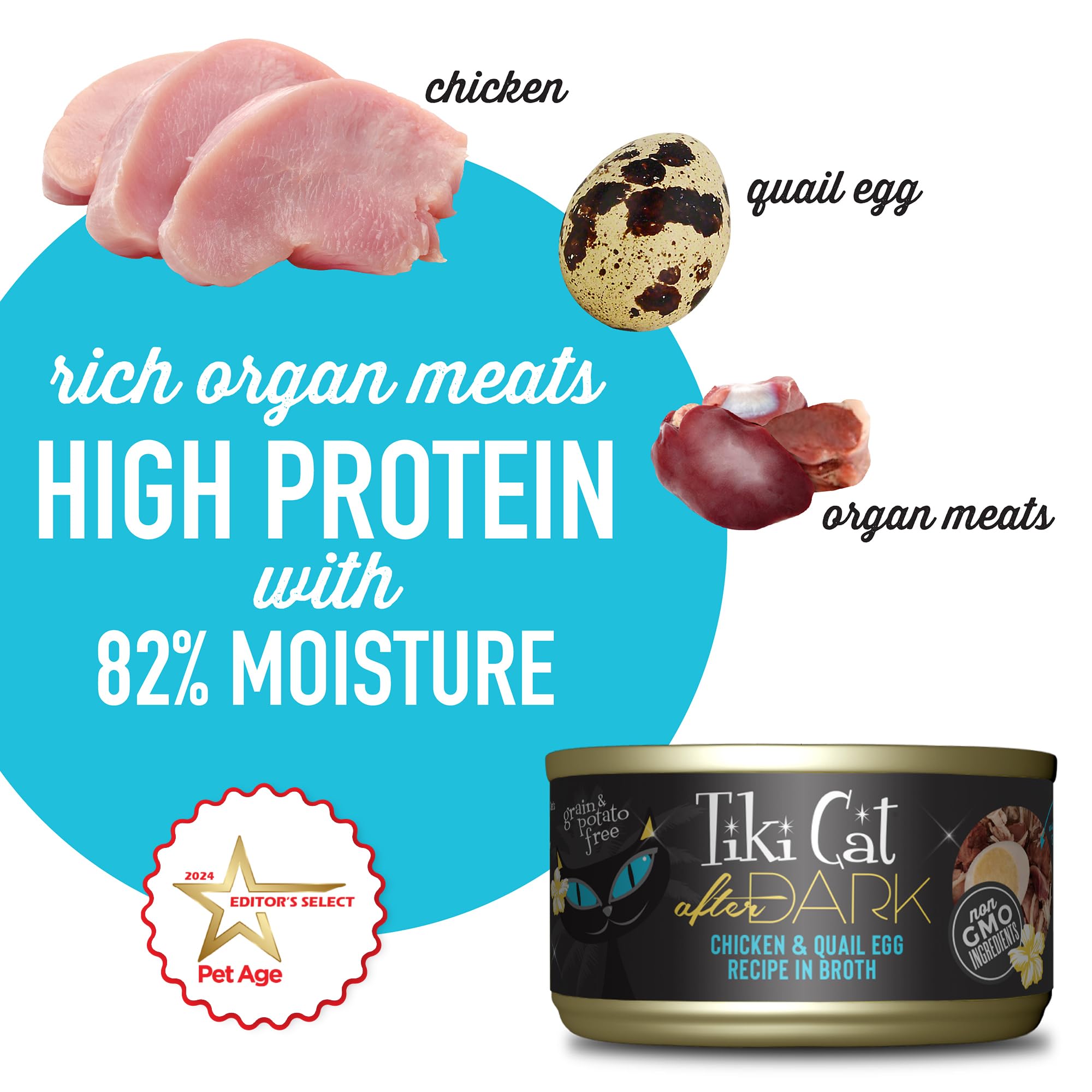 Tiki Cat After Dark High-Protein Wet Cat Food - Chicken & Quail Egg Recipe, 100% Non-GMO Ingredients for Adult Cats, 2.8oz Cans (Pack of 12) | Perfect for Weight Management & Picky Eaters