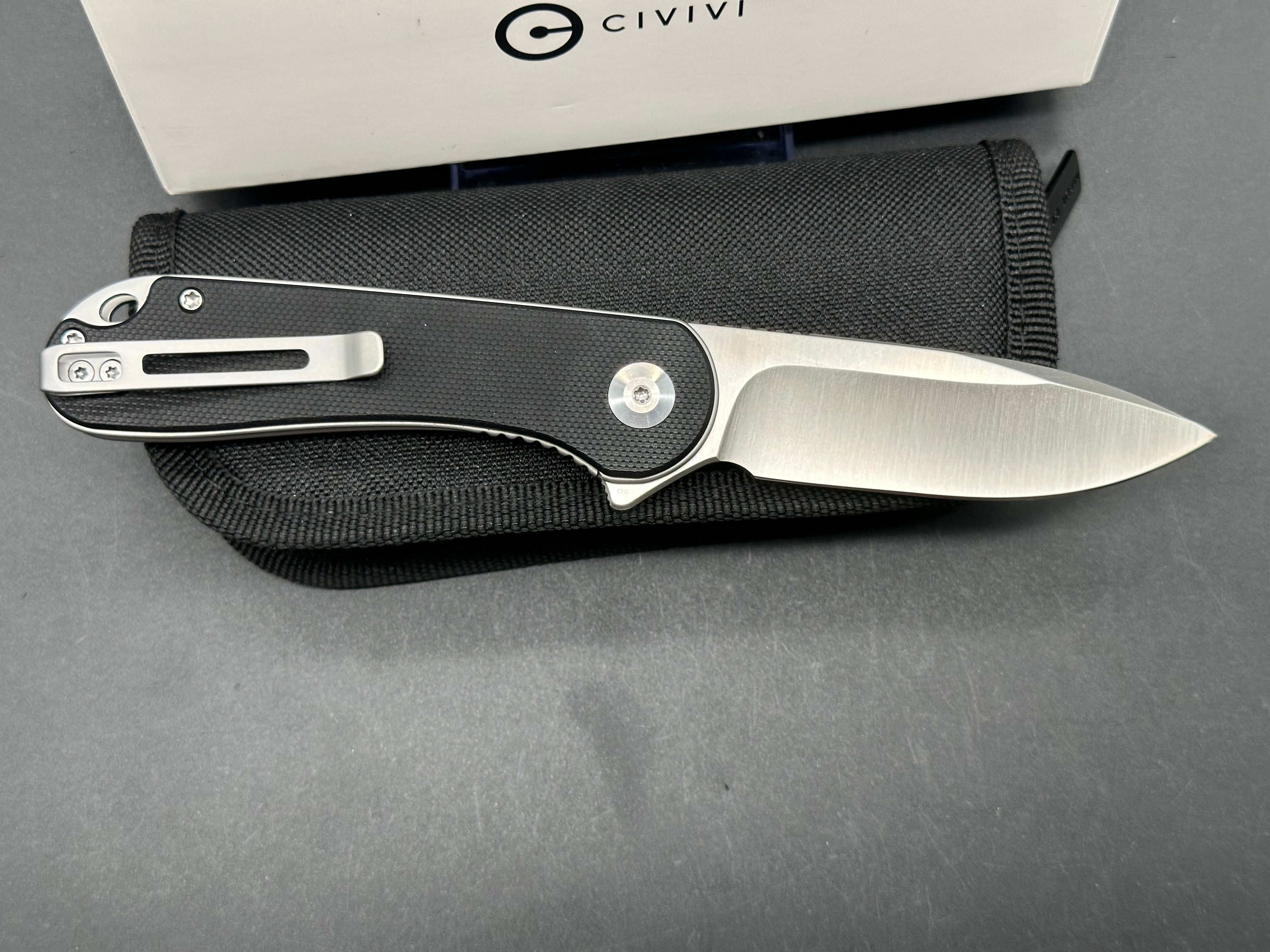 Civivi Elementum D2 Pocket Knife - Satin Drop Point Blade & Black G10 Handle - EDC Folding Knife for Camping, Hiking, and Everyday Carry