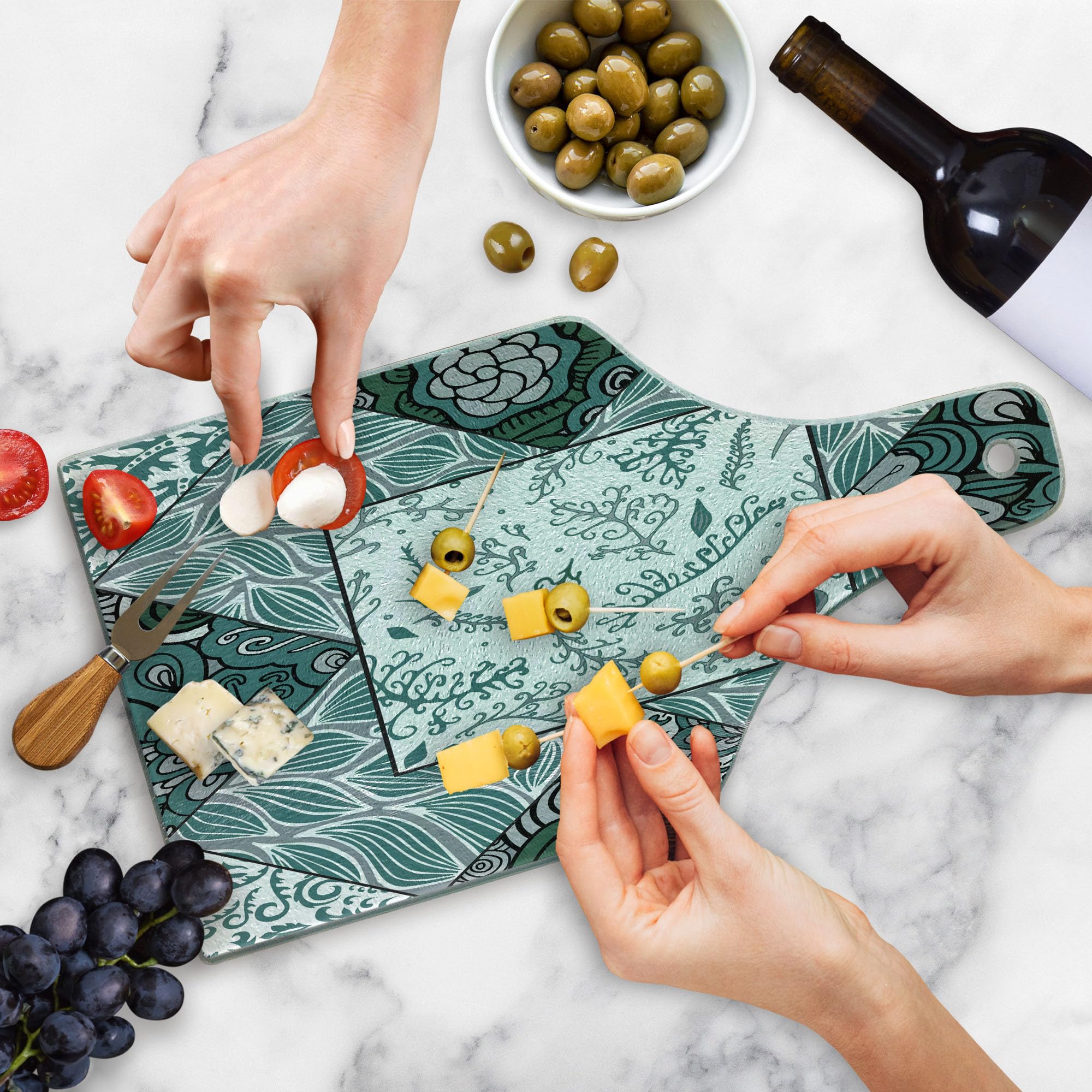 Ambesonne Boho Cutting Board - Shabby Chic Leaves & Floral Print Tempered Glass Serving Board, Wine Bottle Shape in Jade Green, Grey & White | Perfect for Charcuterie, Cheese Platters & Kitchen Decor