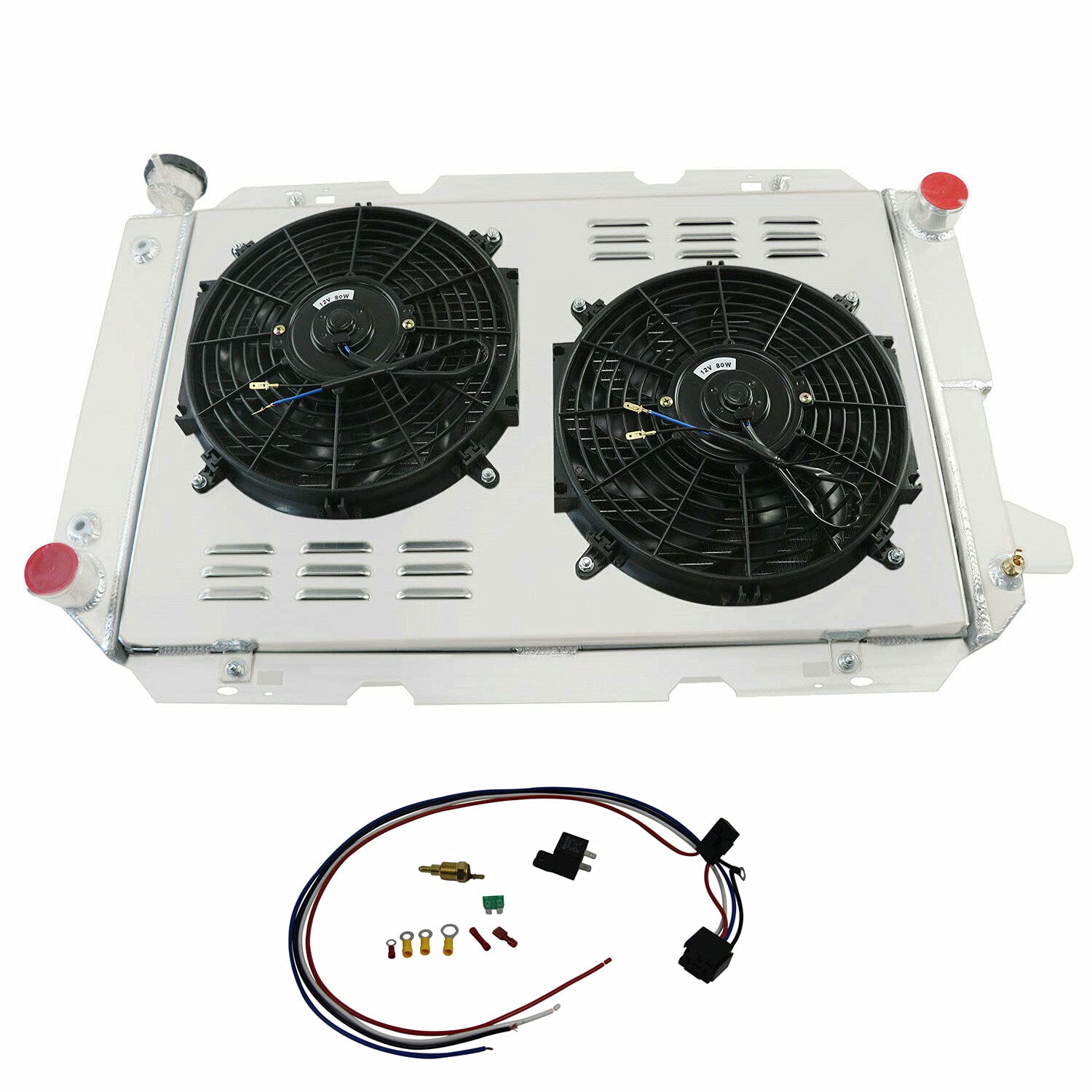 3 Row Aluminum Radiator Shroud Fan Relay Kit for 1985-1997 Ford Bronco F150 F250 F350 Super Duty F53 with 5.0L 5.8L 7.3L V8 Engine - Heavy Duty Cooling Upgrade for Off-Road & Towing