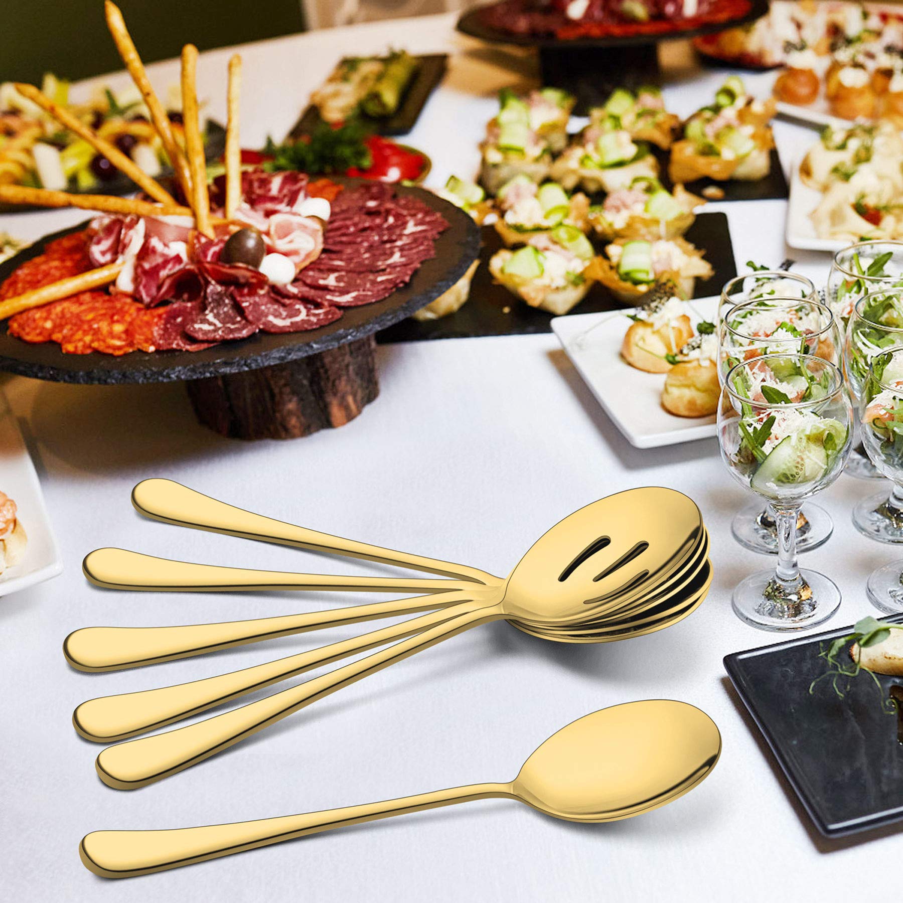 LIANYU 6-Piece Gold Stainless Steel Serving Spoon and Fork Set - 8.75 Inch Elegant Buffet Catering Utensils for Parties, Banquets & Dinnerware (Dishwasher Safe) - Perfect for Wedding Receptions, Holiday Gatherings & Formal Dining Events
