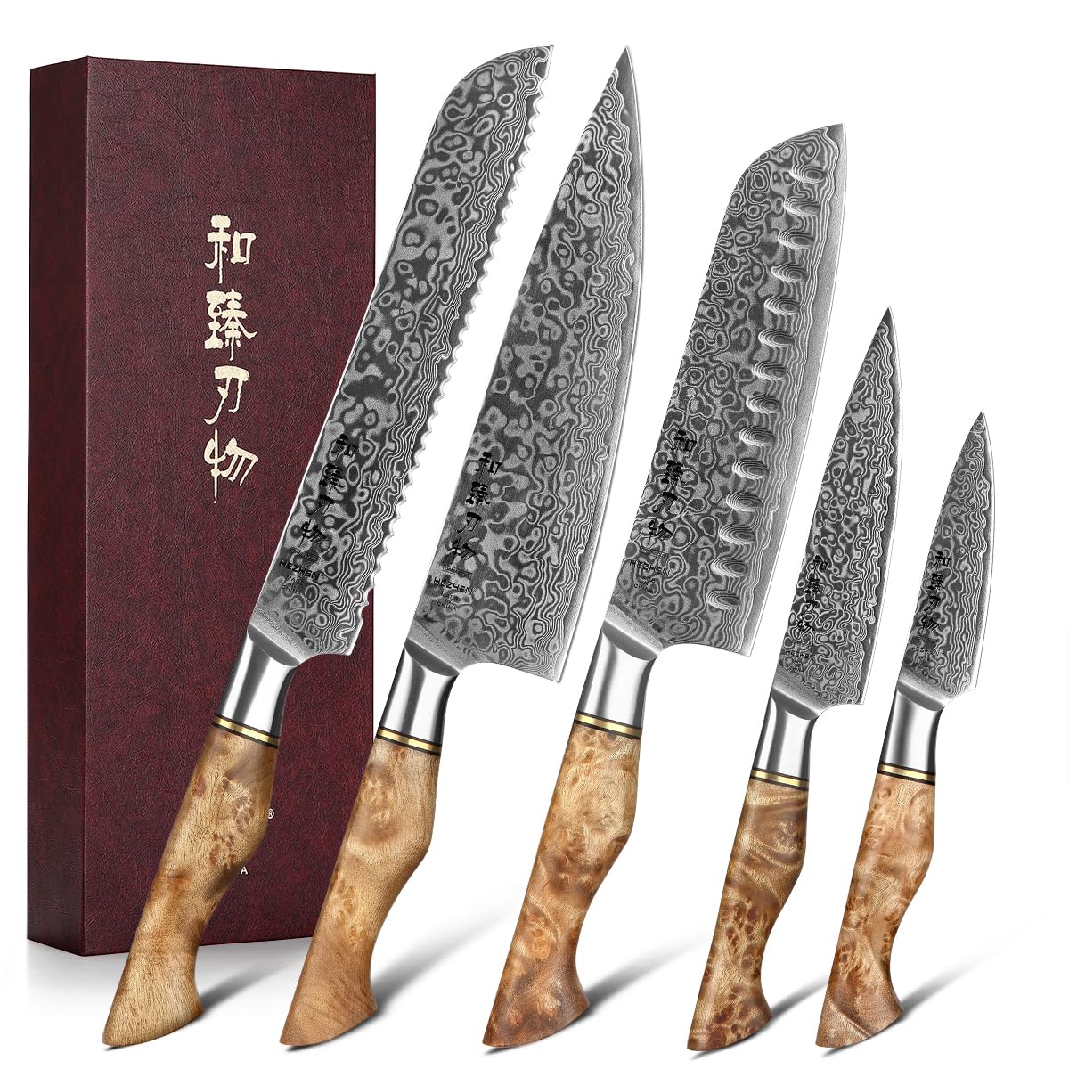 Premium Damascus Steel Kitchen Knives Set - Japanese Style Chef Knife, Utility Knife & Santoku Knife with Figured Sycamore Wood Handle - Perfect for Professional Chefs, Home Cooking & Gourmet Food Preparation