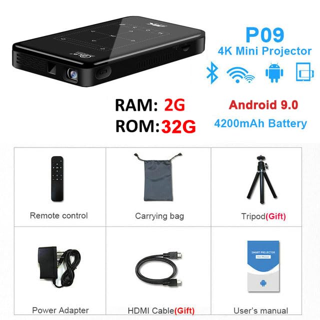 P09 DLP Projector - 1080P & 4K Supported, 2000 Lumens Portable Mini Projector with Android 9.0, WiFi, Bluetooth, 2GB RAM & 32GB ROM - Perfect for Home Theater, Outdoor Movies, Gaming, and Office Presentations