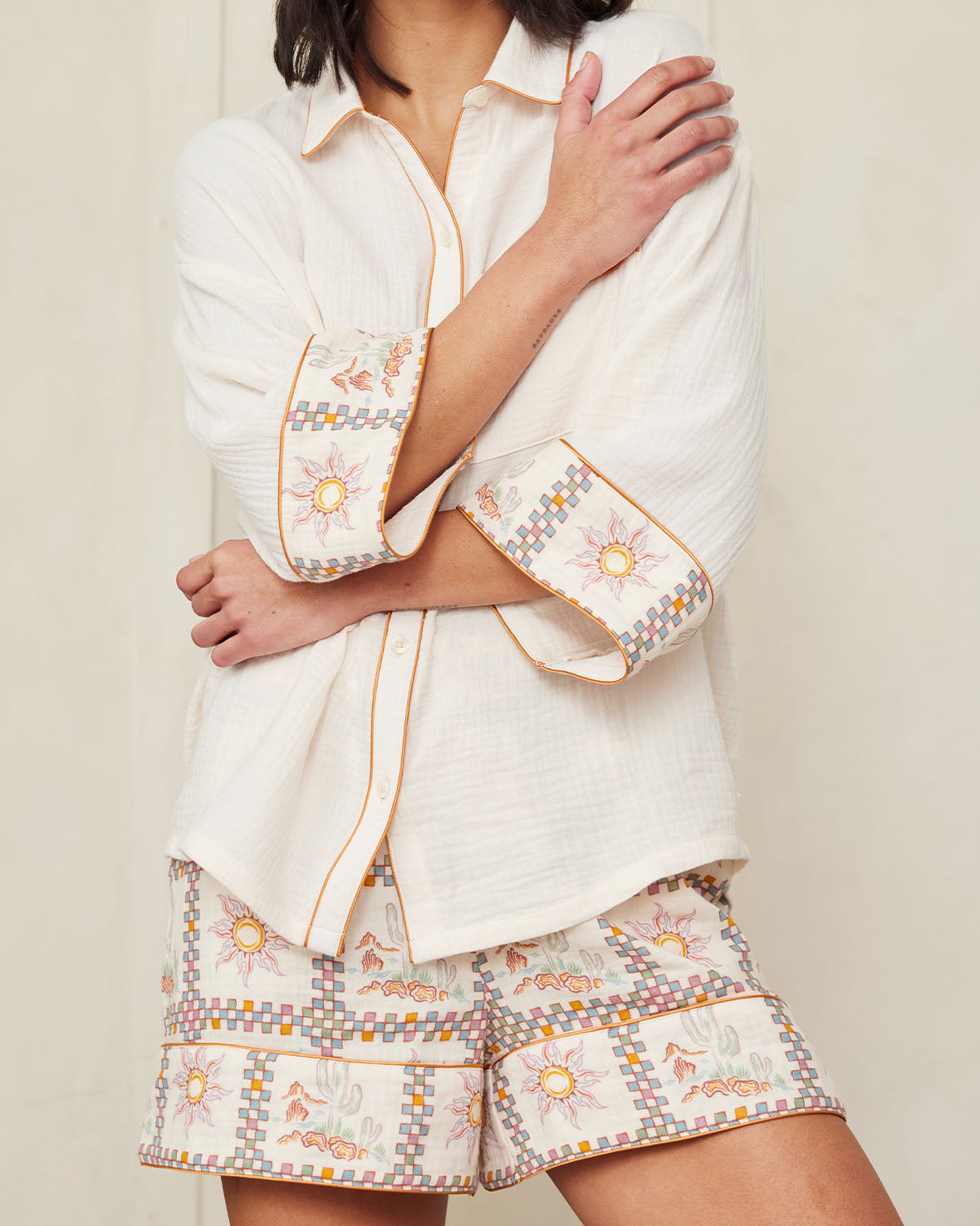 Soft Cotton Cheesecloth Short Pajama Set - Desert Patchwork Print for Women | Comfortable Sleepwear for Summer Nights & Lounge Wear