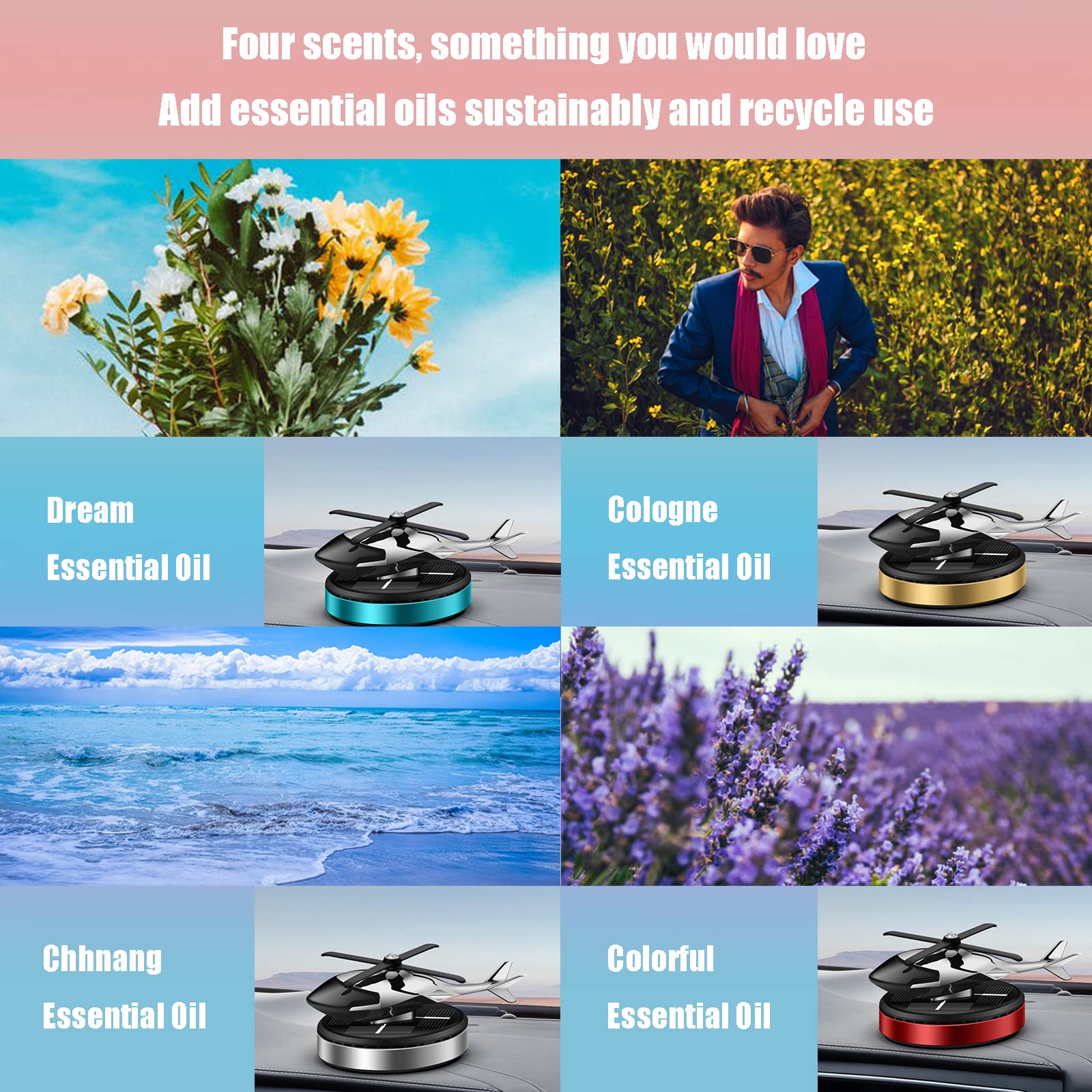Solar Powered Rotating Helicopter Car Air Freshener - Aromatherapy Essential Oil Diffuser for Home, Office & Vehicle Decor (Blue) | Perfect for Stress Relief, Meditation & Creating a Relaxing Atmosphere